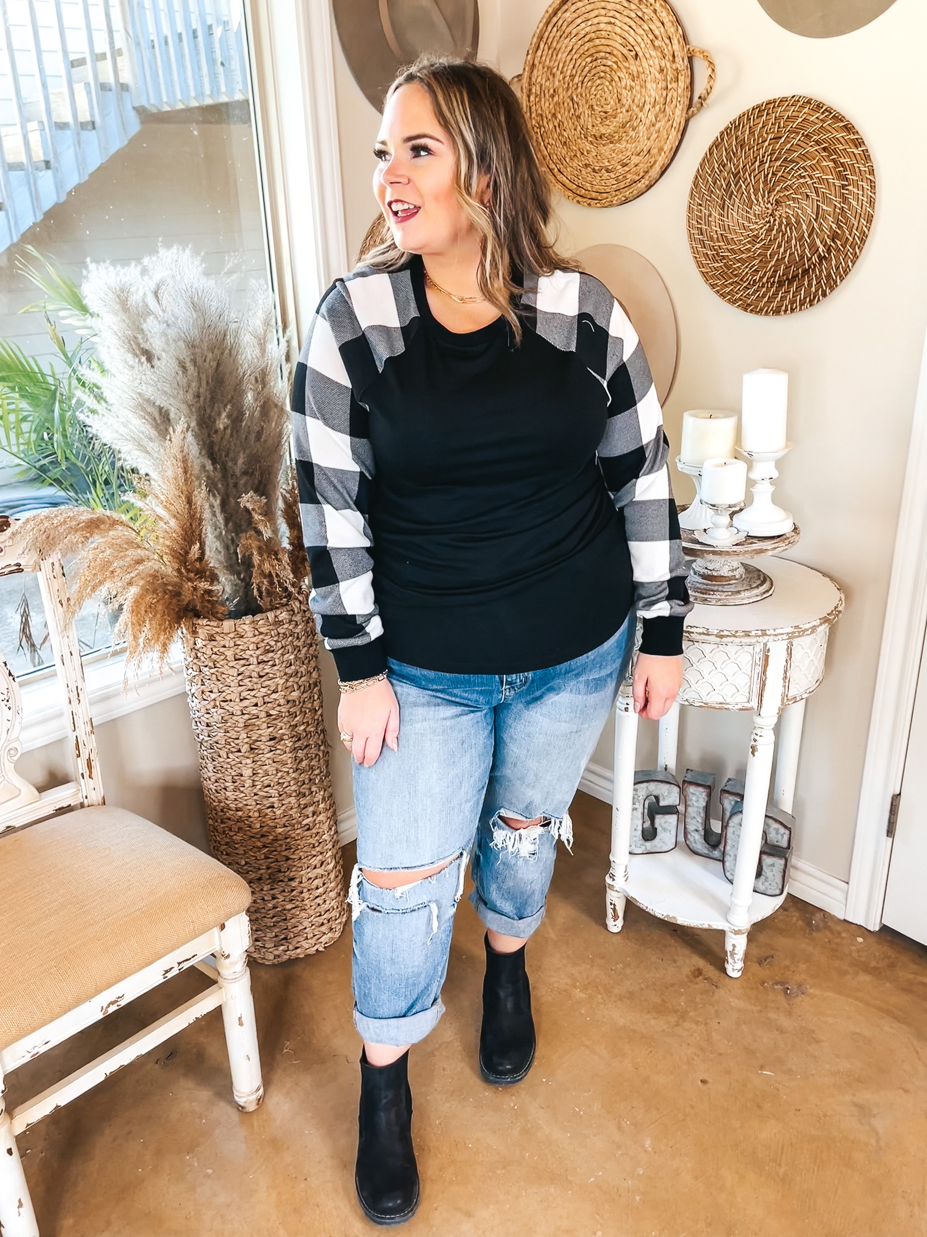 Last Chance Size Small & Med. | Joy All Around Buffalo Plaid Long Sleeve Top in Black - Giddy Up Glamour Boutique