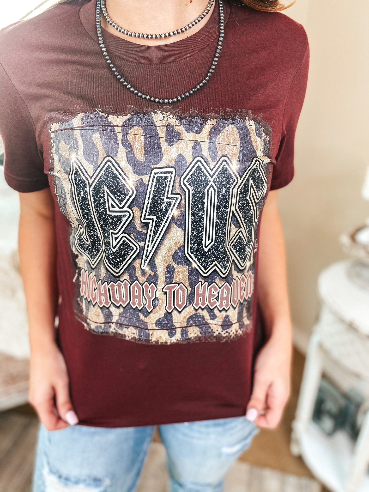 Jesus Is The Highway To Heaven Short Sleeve Graphic Tee in Maroon - Giddy Up Glamour Boutique
