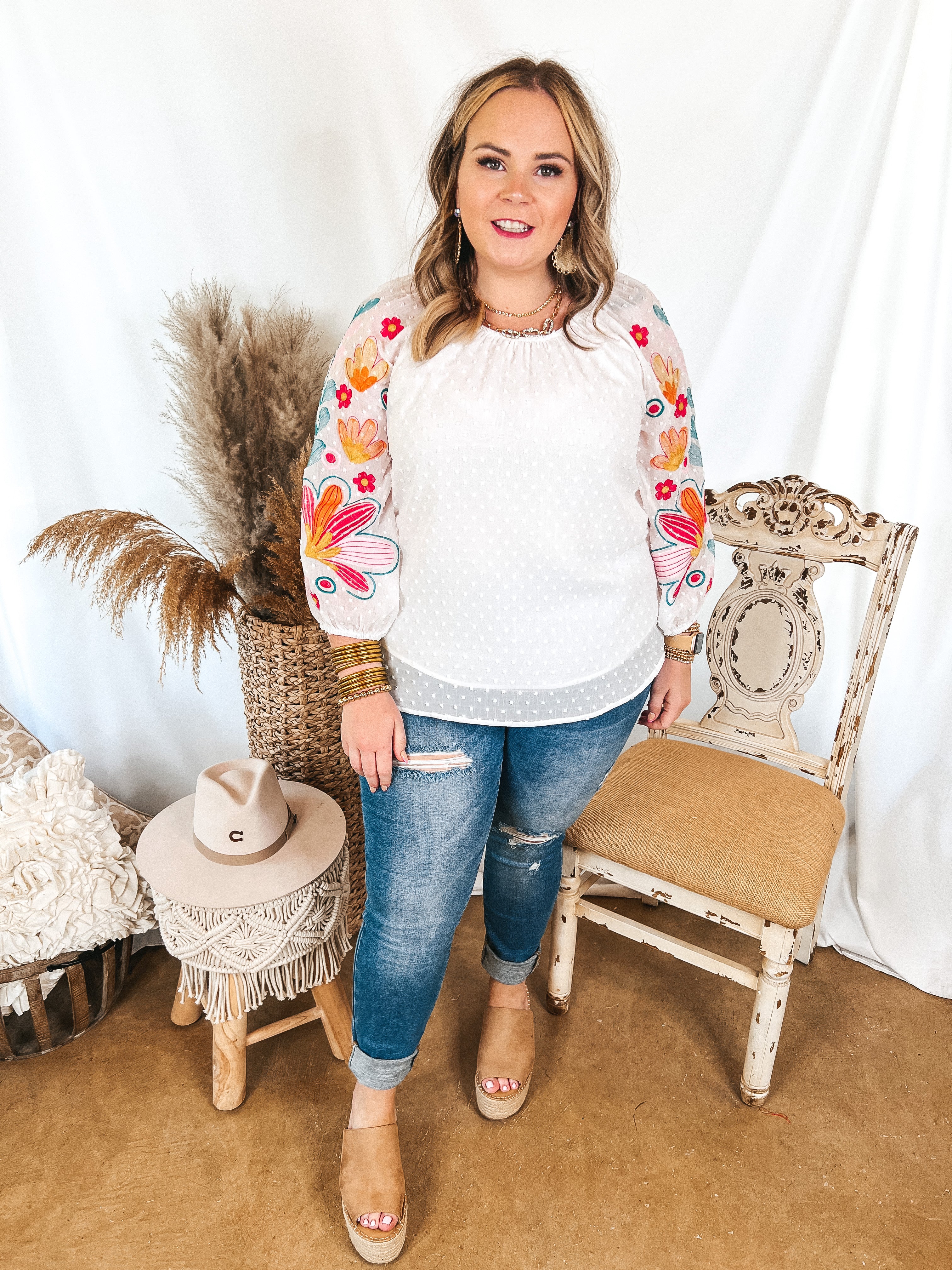 Right About You Floral Embroidered 3/4 Sleeve Top in White - Giddy Up Glamour Boutique