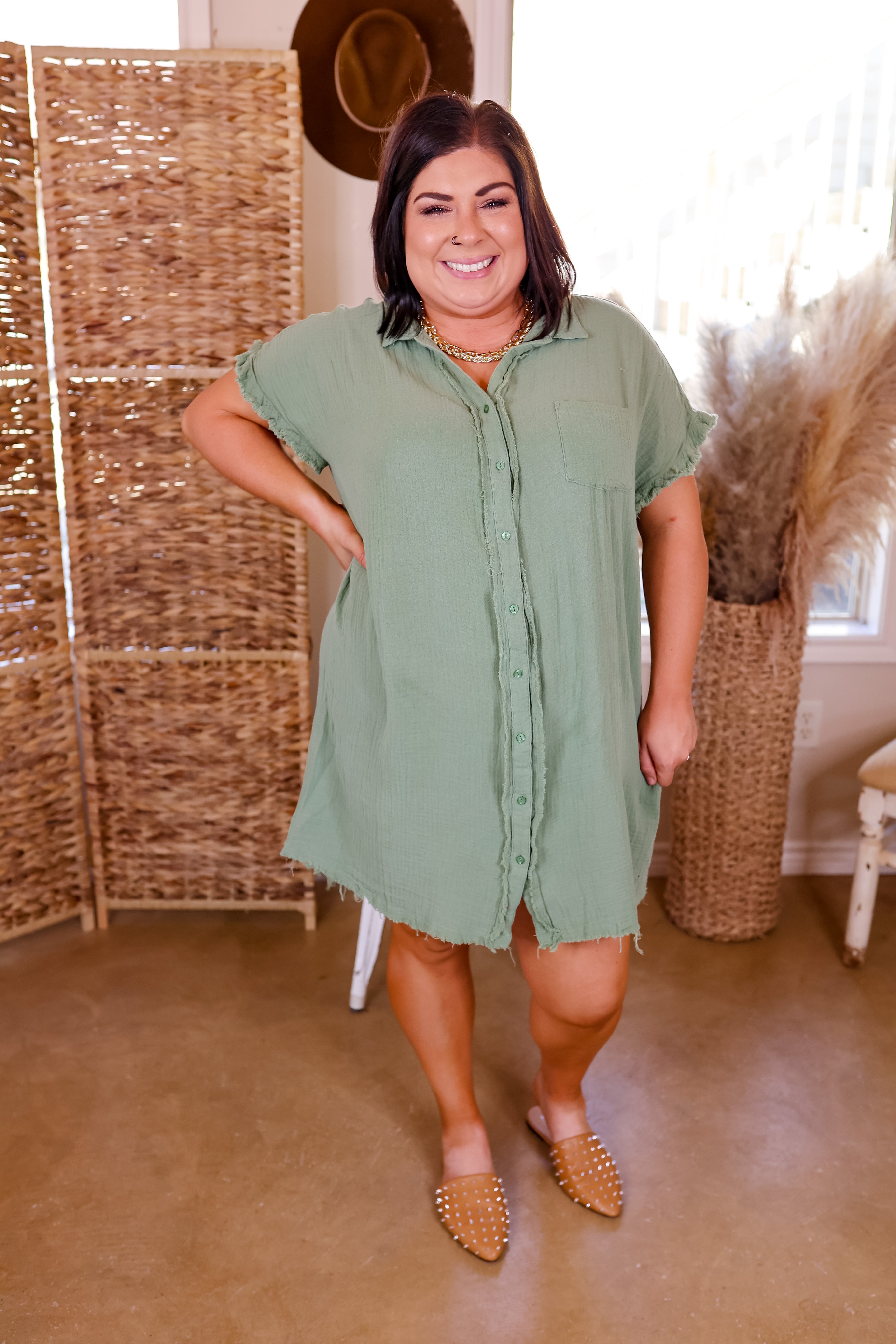 Spring Glow Button Up Raw Hem Dress in Sage Green - Giddy Up Glamour Boutique