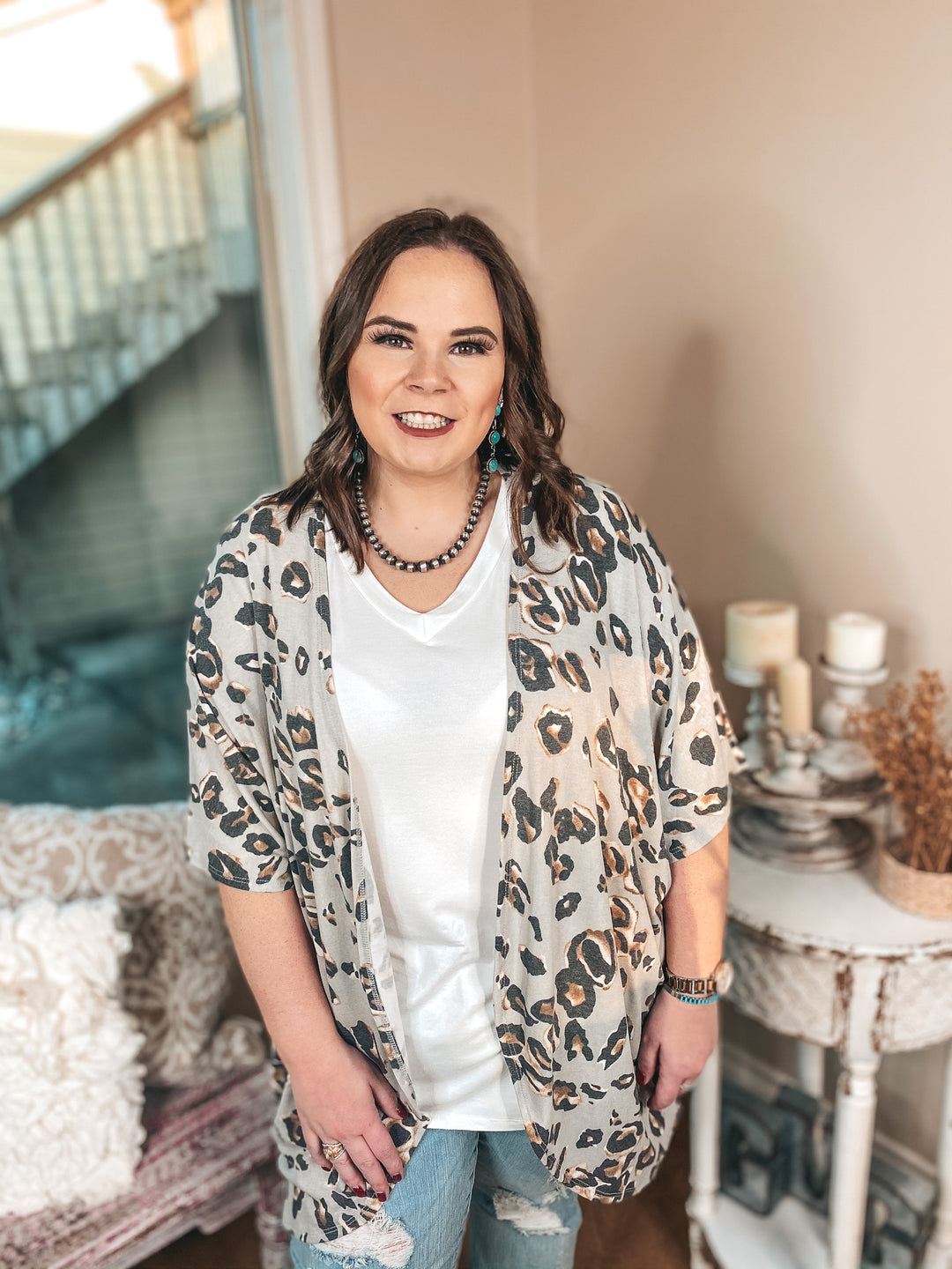 Ahead Of The Trend Leopard Short Drop Sleeve Cardigan in Grey - Giddy Up Glamour Boutique