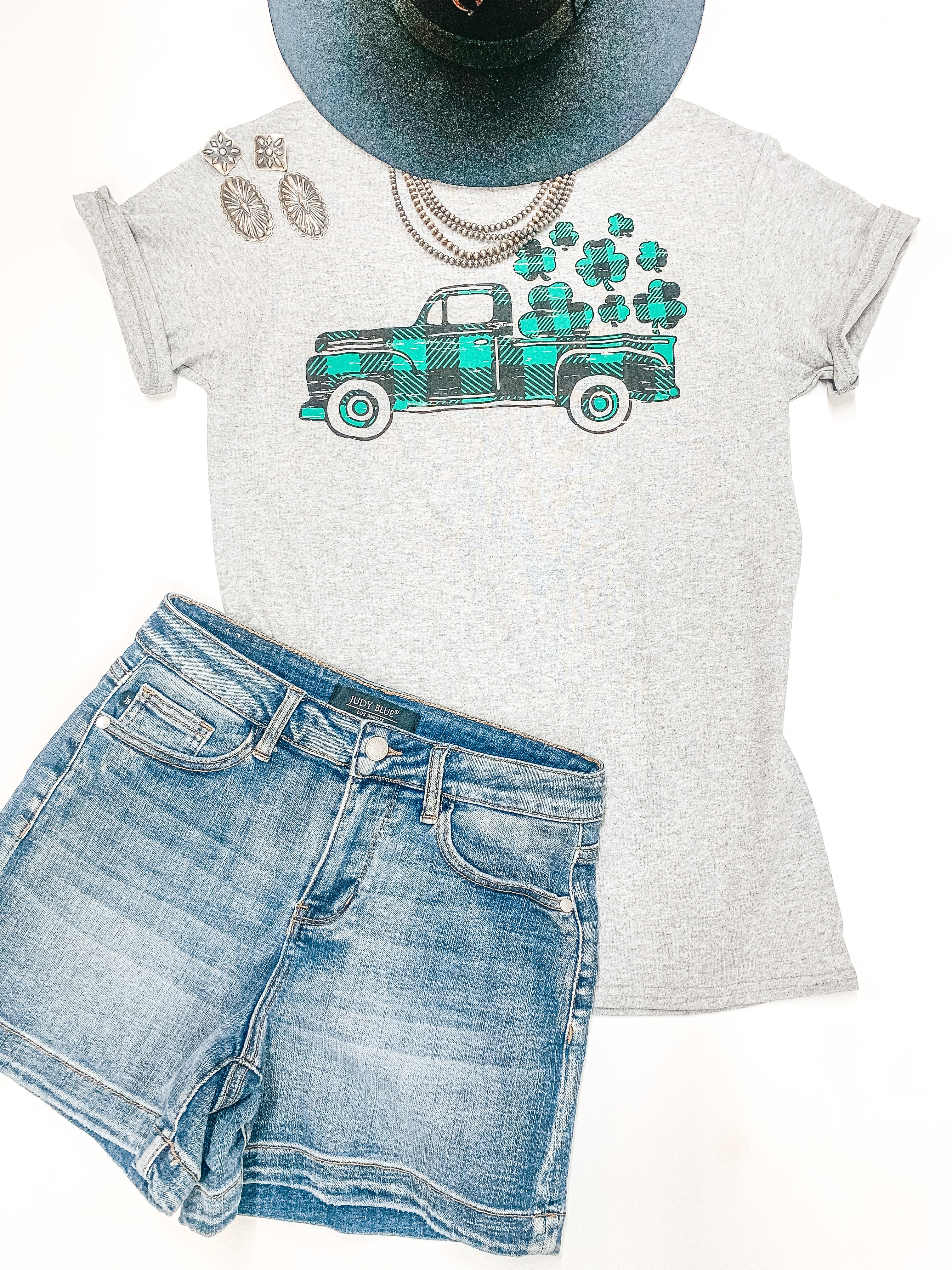 Take My Luck For A Ride Buffalo Plaid Pickup Truck with Clovers Graphic Tee in Heather Grey - Giddy Up Glamour Boutique