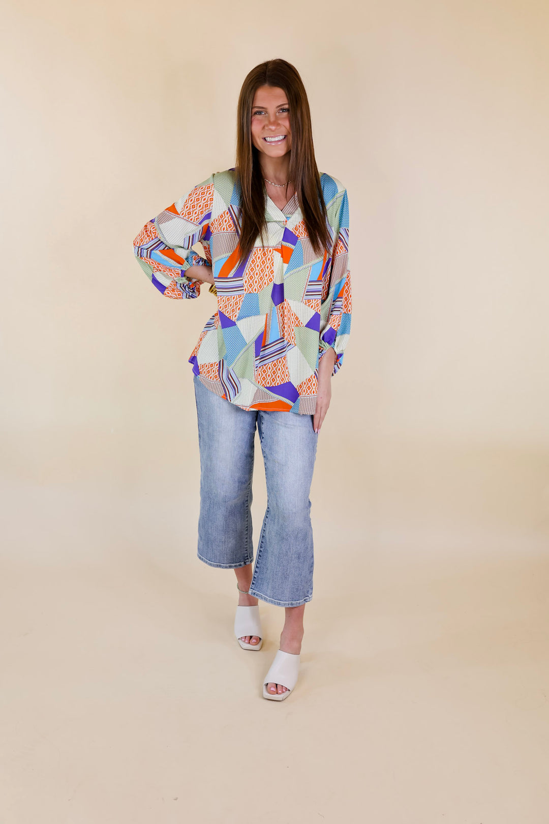 Eyes On Paradise Mix Patch Print Blouse with 3/4 Sleeves in Orange and Blue Mix - Giddy Up Glamour Boutique