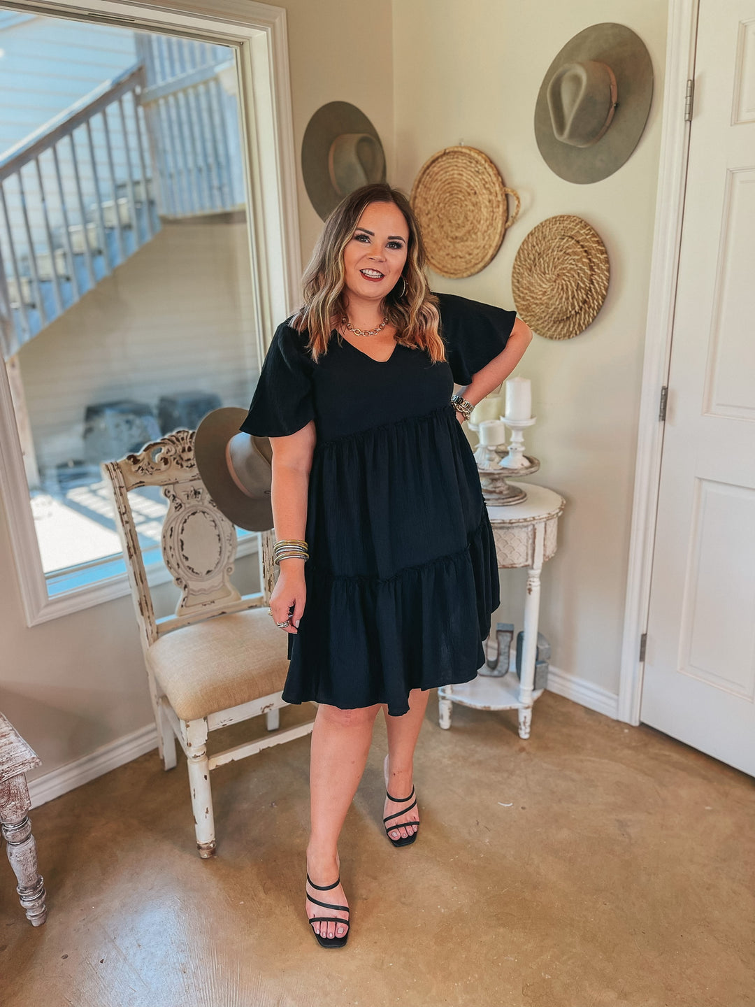 Waiting on Wednesday Short Sleeve Tiered Babydoll Dress in Black - Giddy Up Glamour Boutique