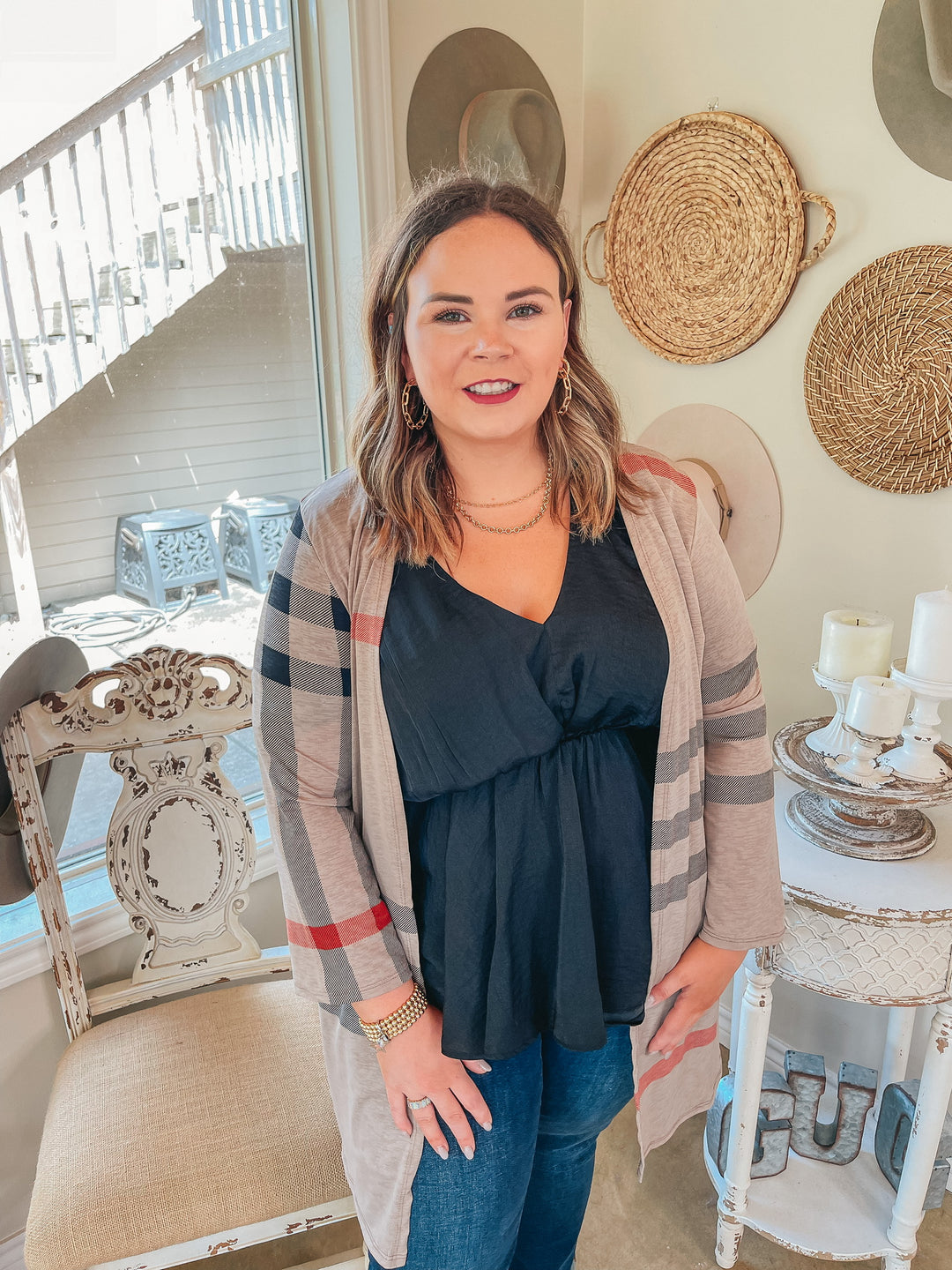 Last Chance Size S, M, & 3XL | All Eyes On You Plaid Cardigan in Taupe - Giddy Up Glamour Boutique