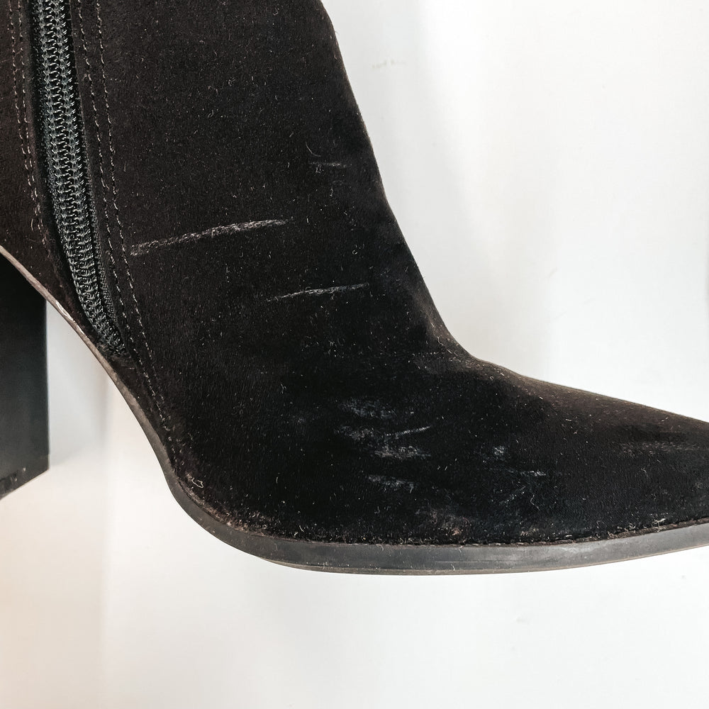 Model Shoes Size 9 | Walking By Side Zip Heeled Booties with Pointed Toe in Black - Giddy Up Glamour Boutique