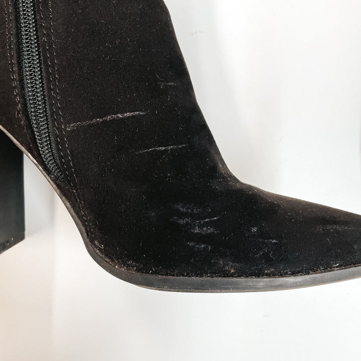 Model Shoes Size 9 | Walking By Side Zip Heeled Booties with Pointed Toe in Black - Giddy Up Glamour Boutique