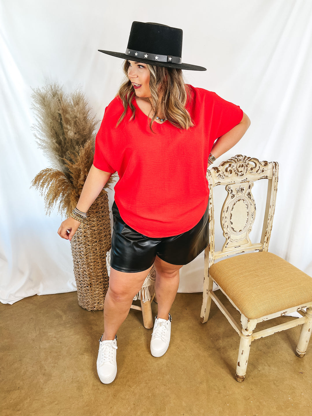 Lovely Dear V Neck Short Sleeve Solid Top in Red - Giddy Up Glamour Boutique