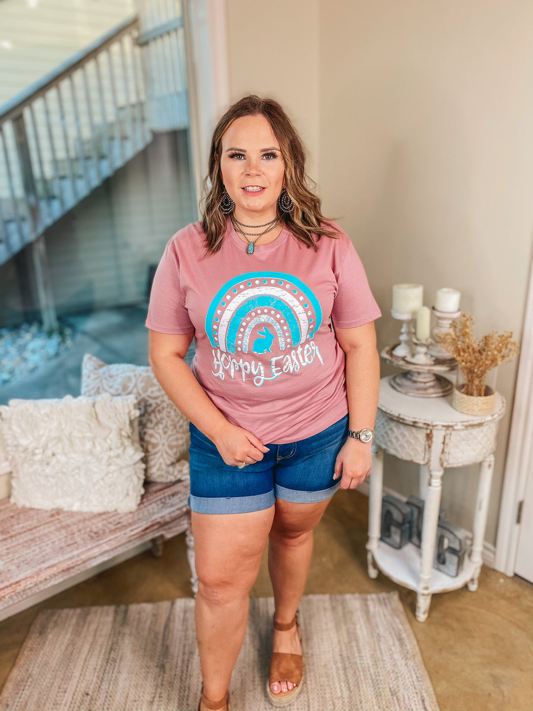 Hoppy Easter Rainbow Short Sleeve Graphic Tee in Mauve Pink - Giddy Up Glamour Boutique
