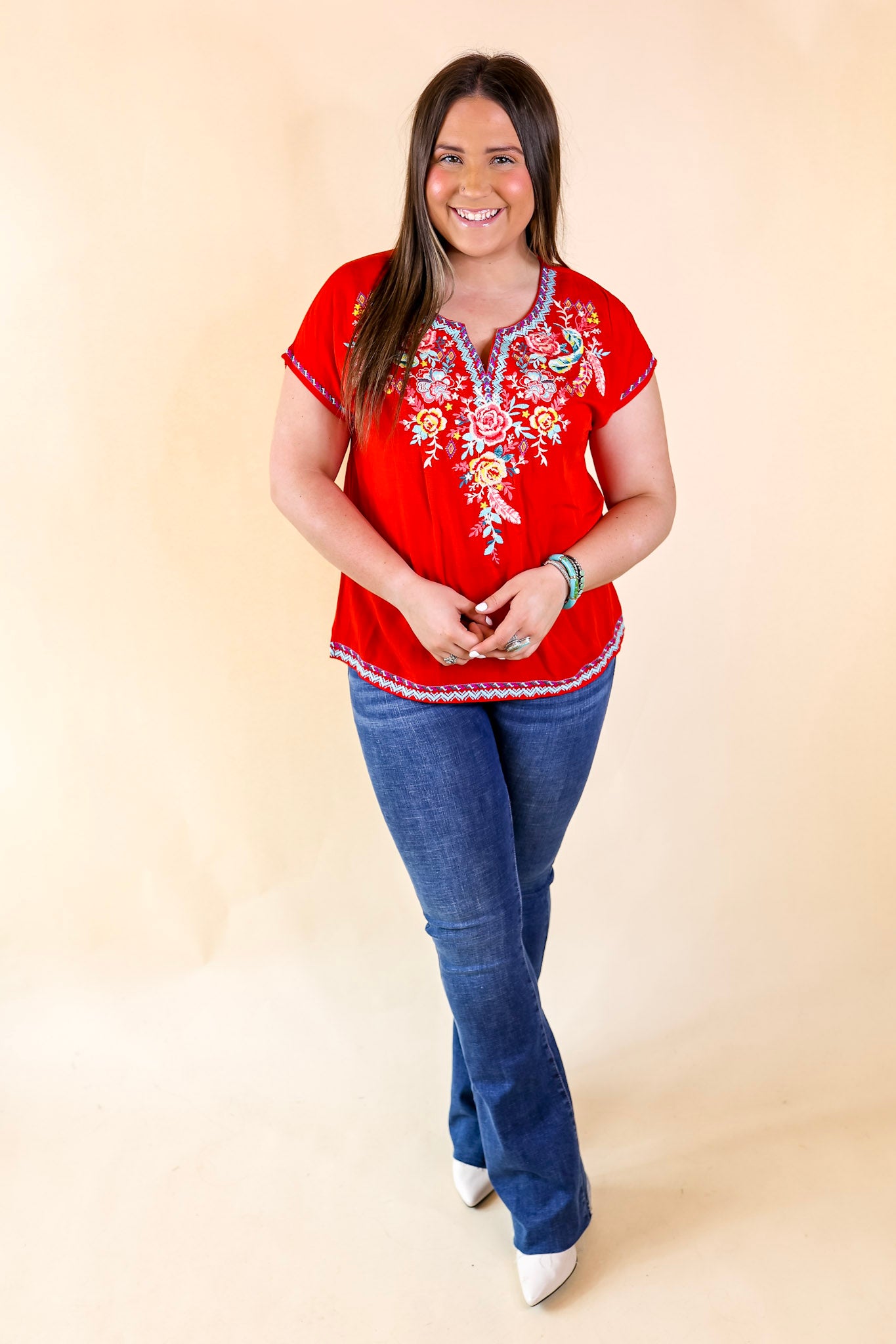 Desert Bloom Embroidered Short Sleeve Top in Red - Giddy Up Glamour Boutique