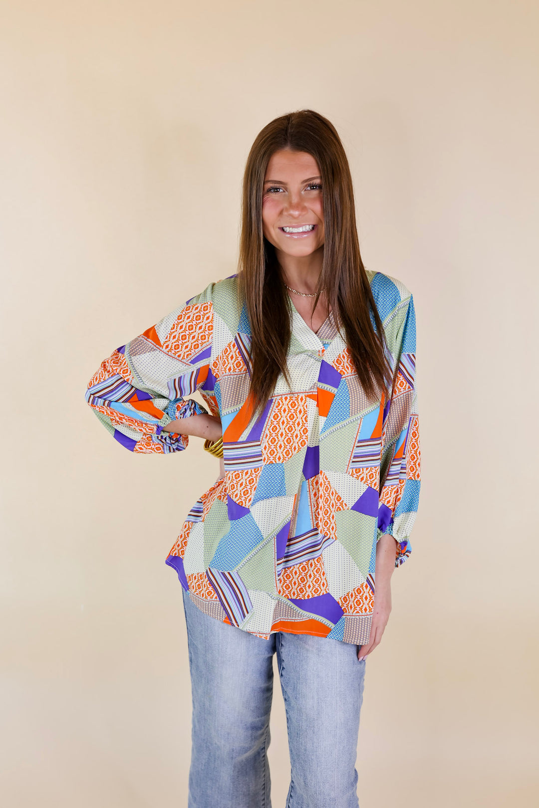 Eyes On Paradise Mix Patch Print Blouse with 3/4 Sleeves in Orange and Blue Mix - Giddy Up Glamour Boutique