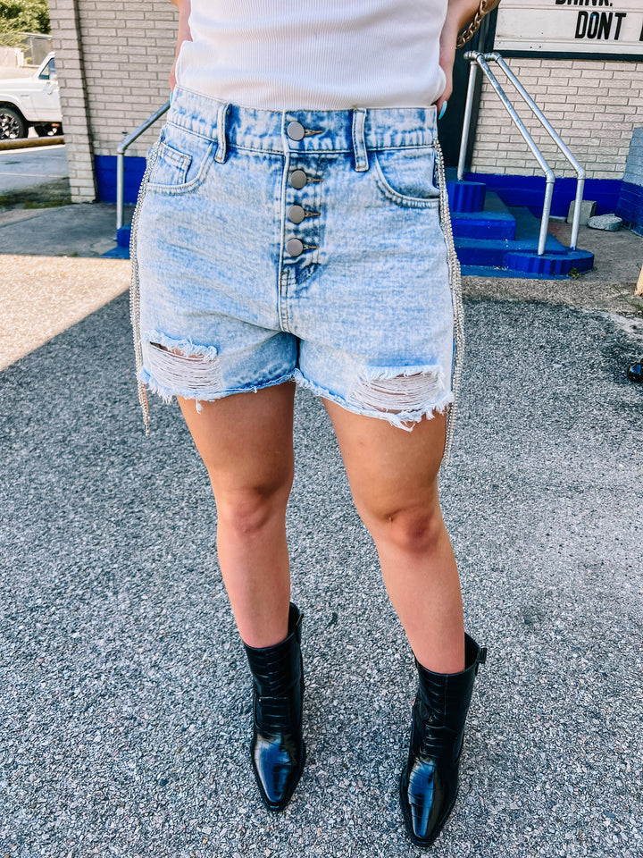 Broadway Girls Crystal Fringe Distressed Denim Shorts in Light Wash - Giddy Up Glamour Boutique