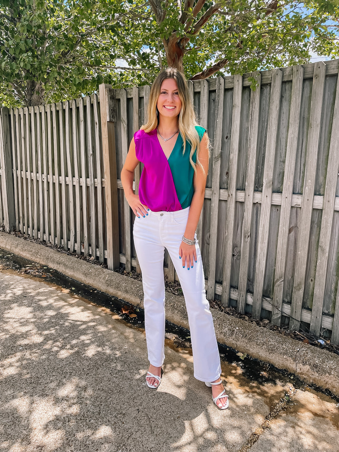 Steal The Night Color Block V Neck Bodysuit in Magenta and Teal Green - Giddy Up Glamour Boutique