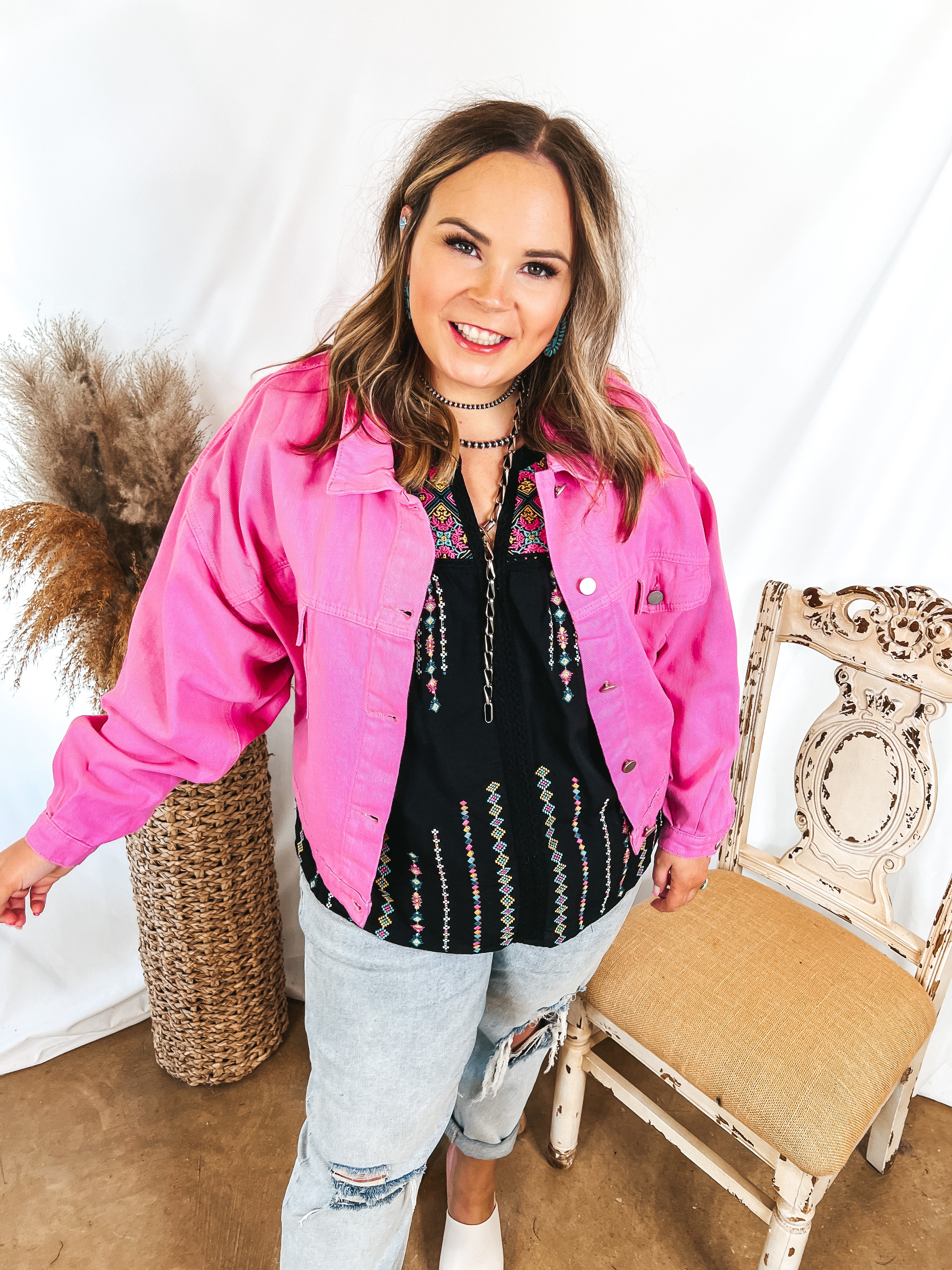 Very Confident Button Up Cropped Denim Jacket in Hot Pink - Giddy Up Glamour Boutique