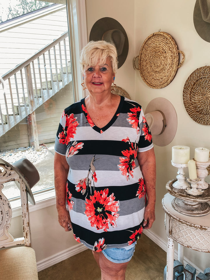 Keep Things Simple Floral and Striped V Neck Tee in Black and Coral - Giddy Up Glamour Boutique