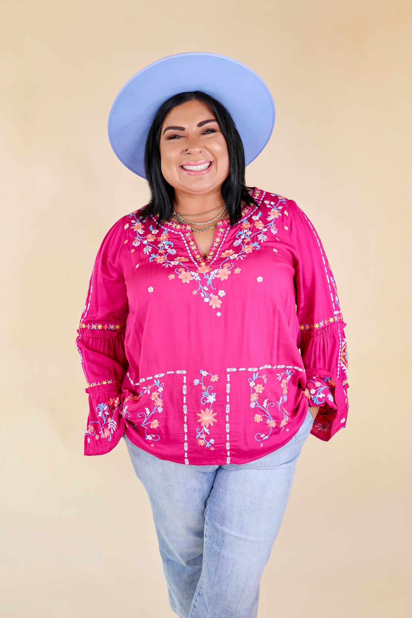 Pretty Stroll Floral Embroidered Top with Long Bell Sleeves in Magenta Pink - Giddy Up Glamour Boutique