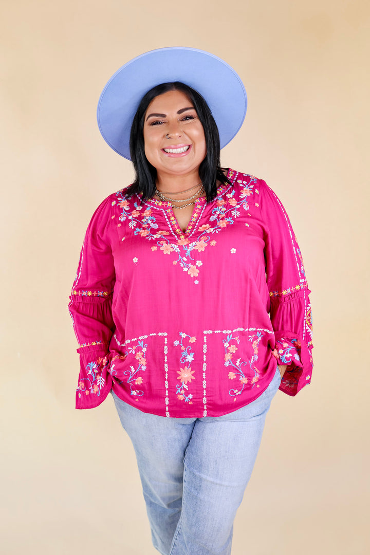 Pretty Stroll Floral Embroidered Top with Long Bell Sleeves in Magenta Pink - Giddy Up Glamour Boutique