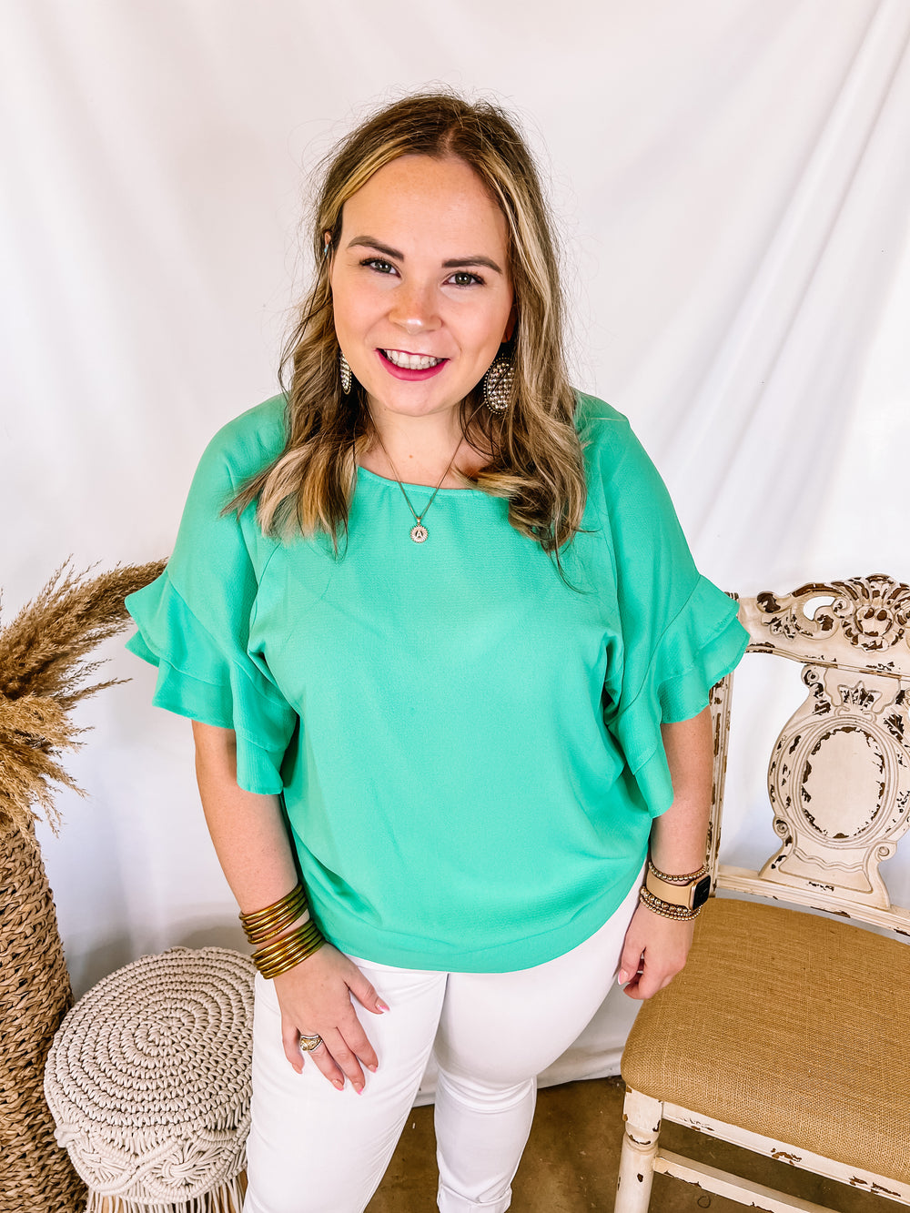 Basic Needs Ruffle Sleeve Top in Mint Green - Giddy Up Glamour Boutique