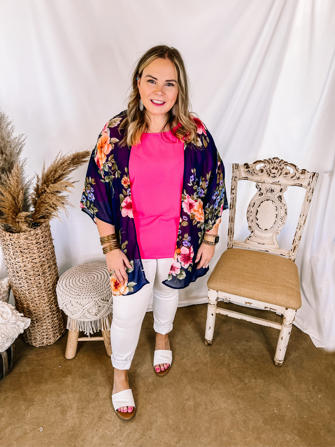 Forever Friends Floral Print Short Sleeve Kimono in Dusty Navy Blue - Giddy Up Glamour Boutique