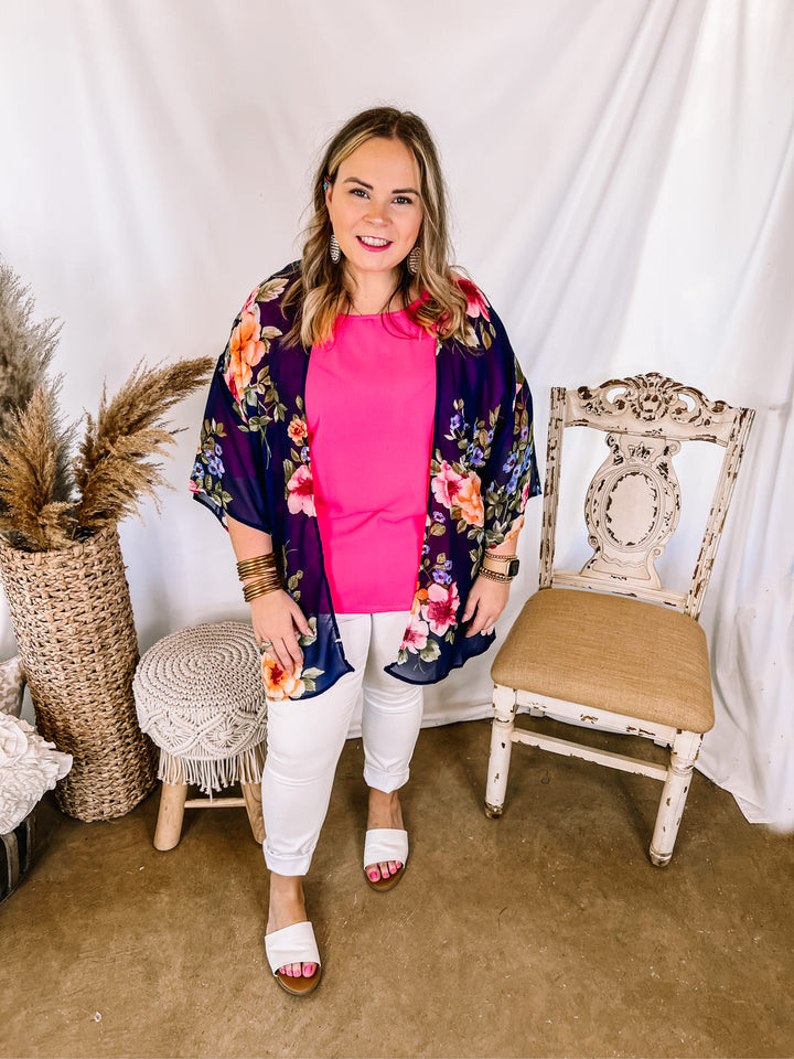 Forever Friends Floral Print Short Sleeve Kimono in Dusty Navy Blue - Giddy Up Glamour Boutique
