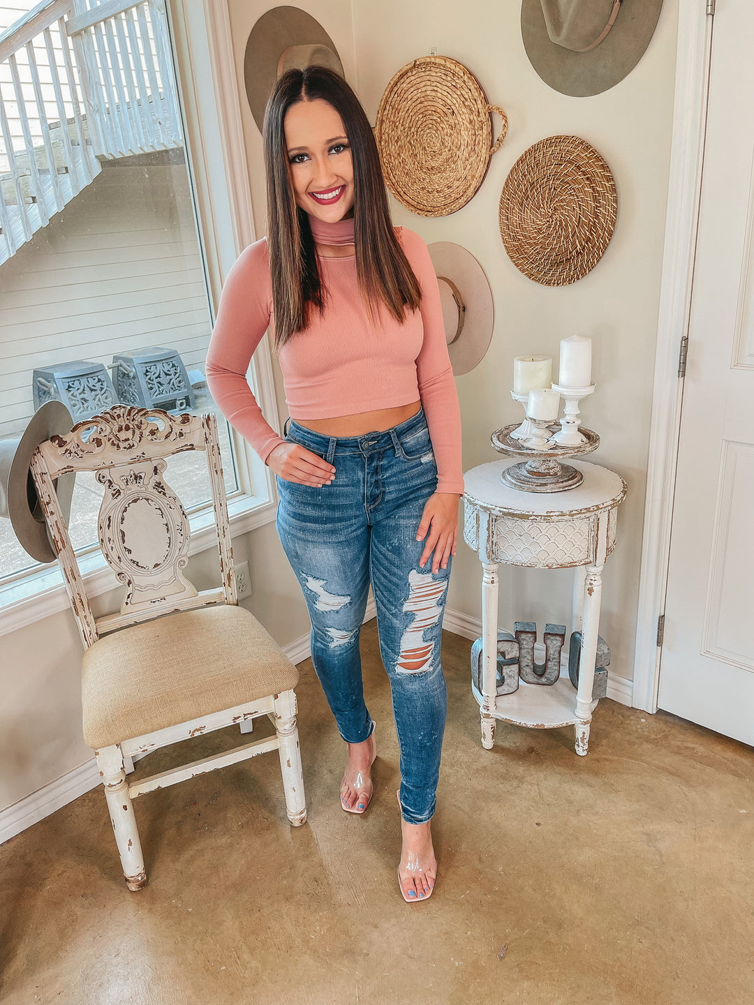 Day Glow Mockneck Cut Out Long Sleeve Crop Top in Mauve - Giddy Up Glamour Boutique