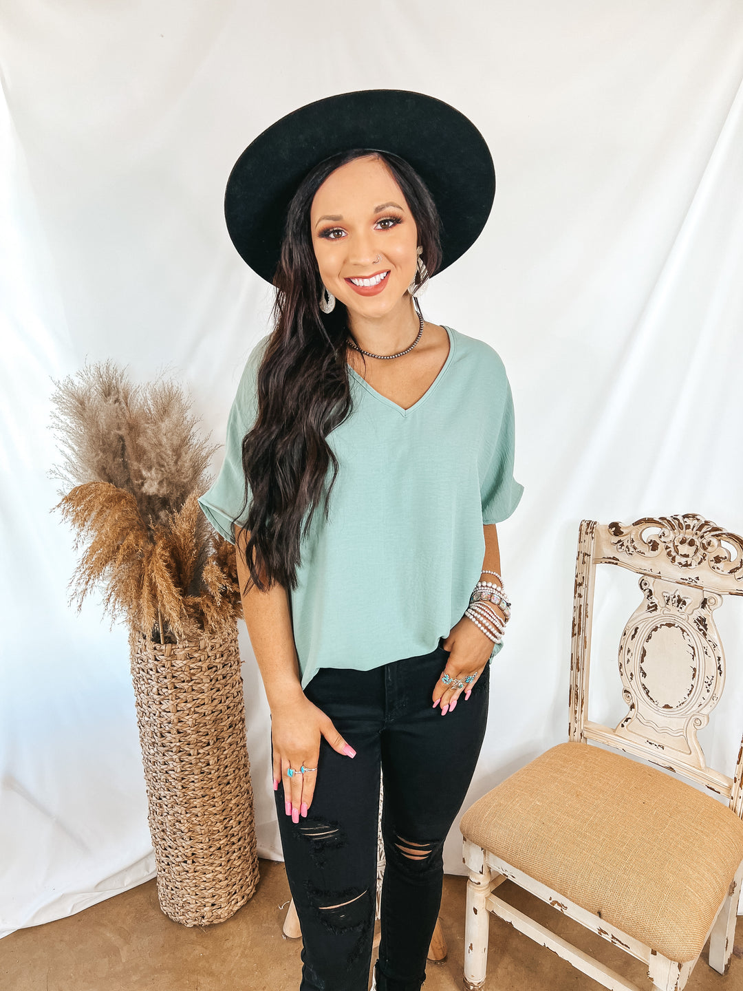 Lovely Dear V Neck Short Sleeve Solid Top in Aloe Blue - Giddy Up Glamour Boutique