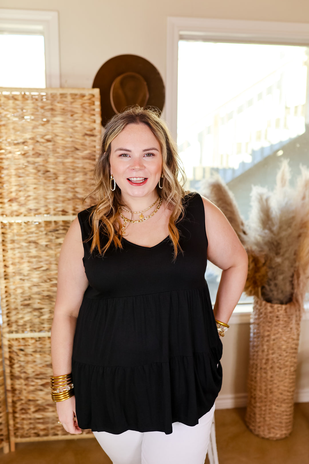 Most Love Tiered Tank Top with V Neckline in Black - Giddy Up Glamour Boutique