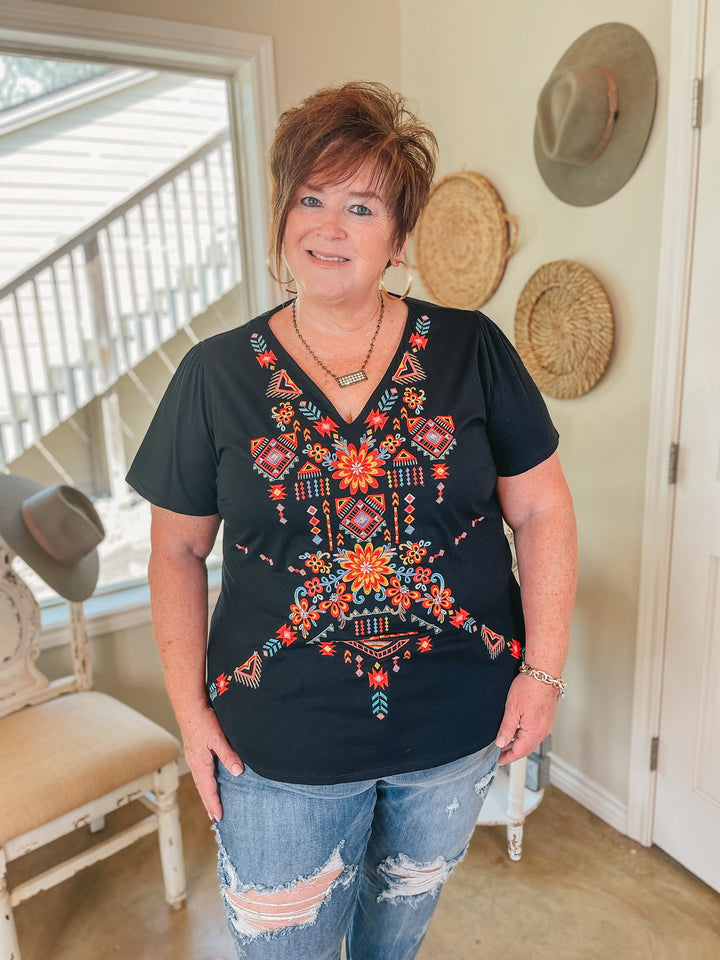 Southwest Senorita Embroidered Short Sleeve V Neck Top in Black - Giddy Up Glamour Boutique