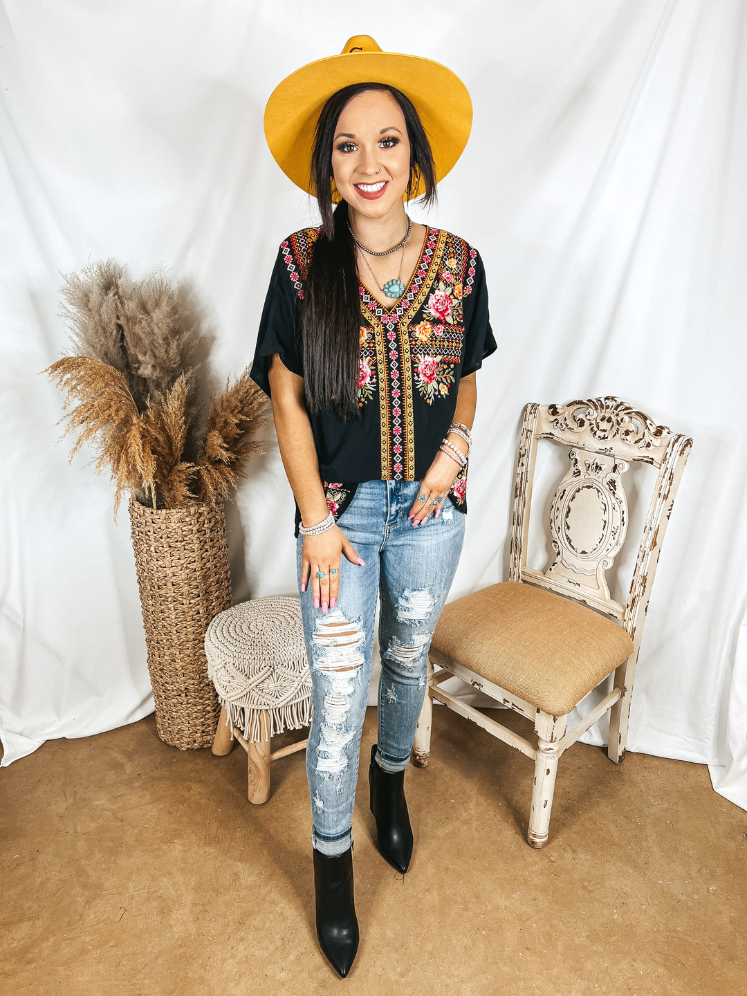 Time in Terlingua Southwest Embroidered Short Sleeve V Neck Top in Black - Giddy Up Glamour Boutique