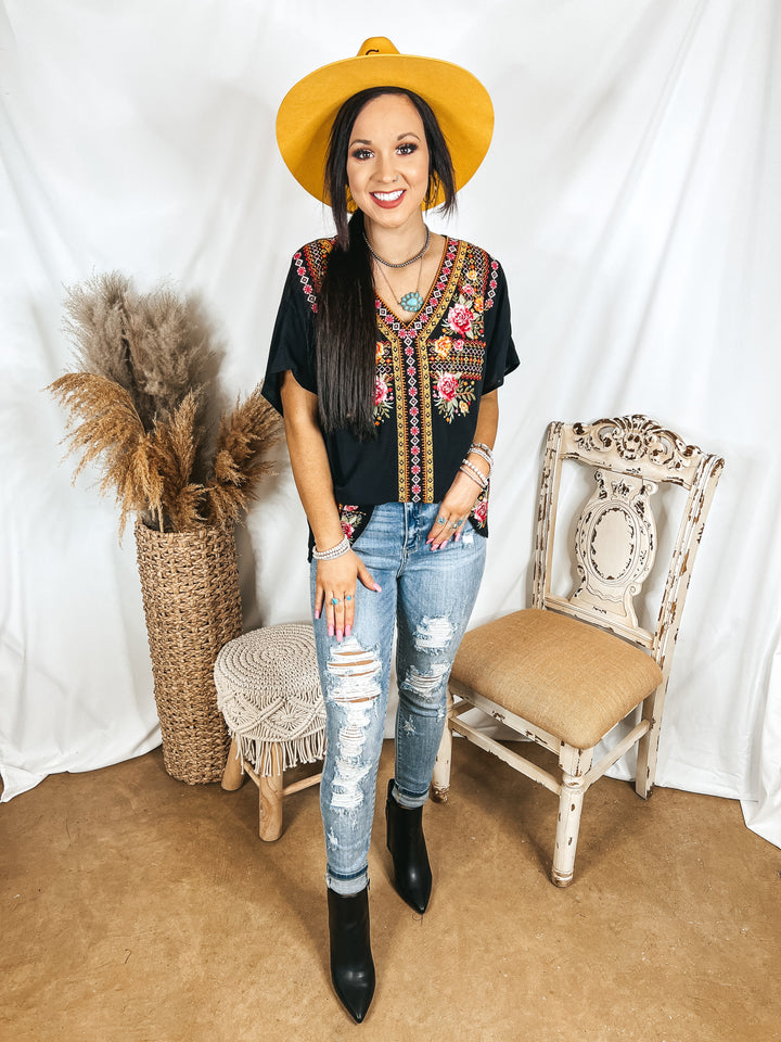 Time in Terlingua Southwest Embroidered Short Sleeve V Neck Top in Black - Giddy Up Glamour Boutique