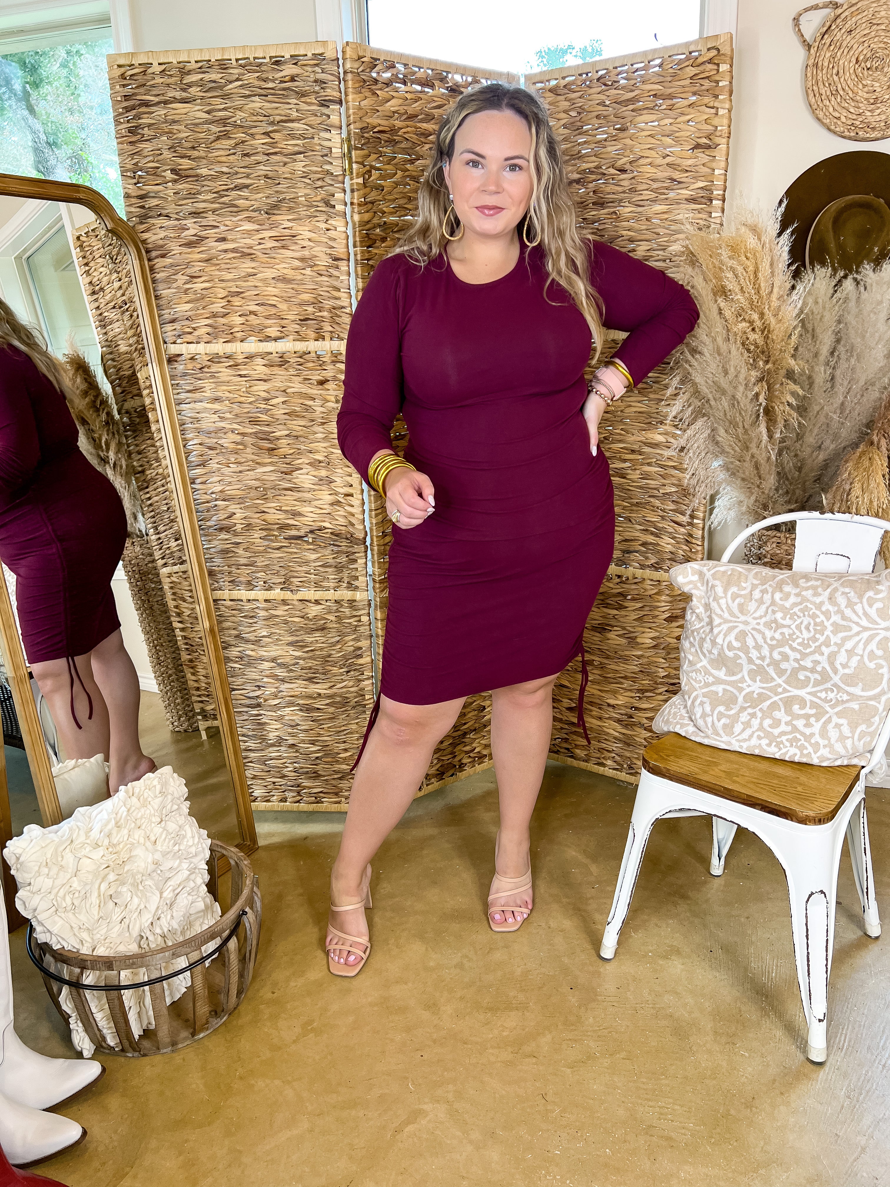 Felt A Chill Long Sleeve Fitted Dress with Ruched Drawstring Hips in Maroon - Giddy Up Glamour Boutique