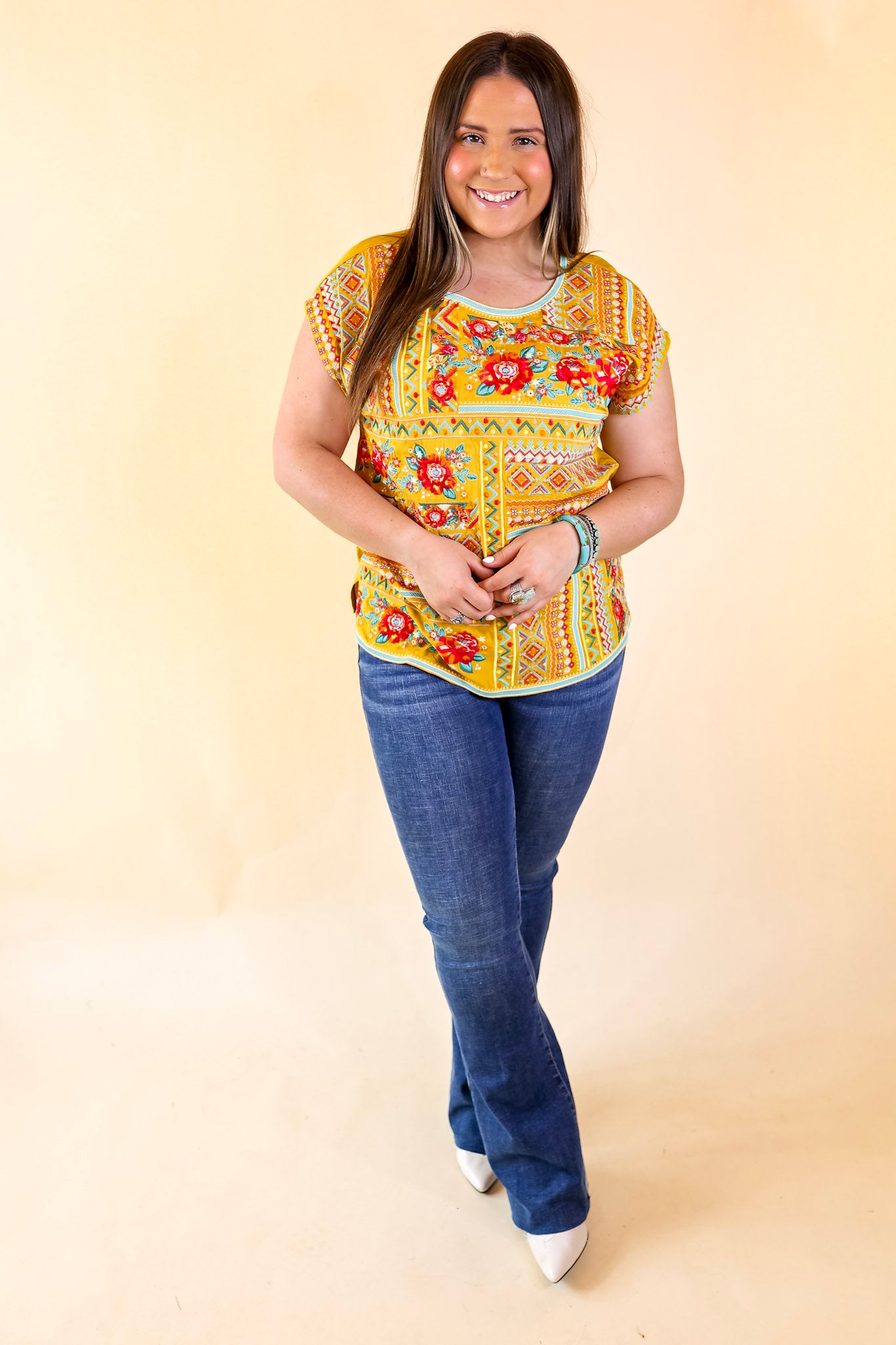 Sonoma Valley Bright Embroidered Short Sleeve Top in Marigold Yellow