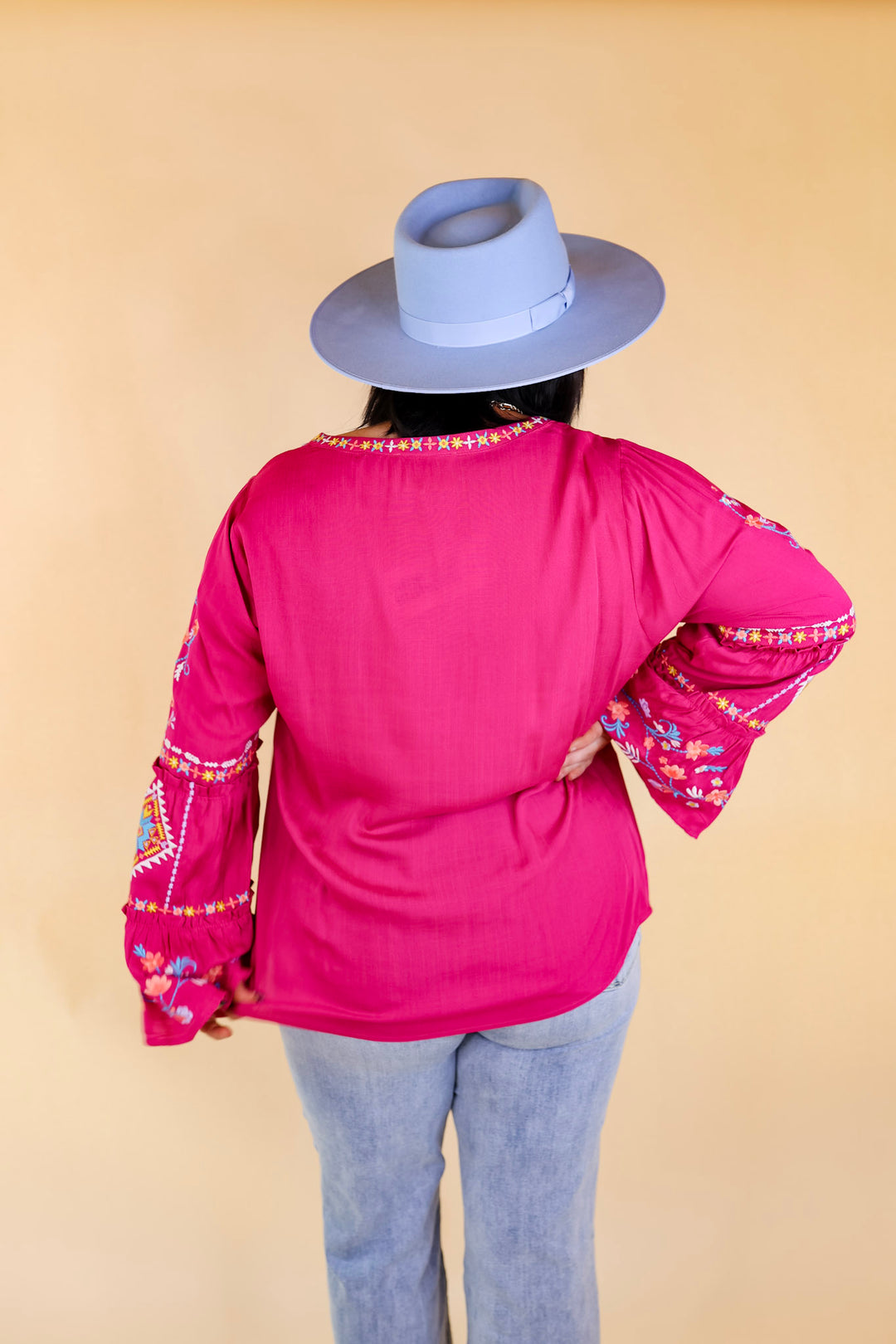 Pretty Stroll Floral Embroidered Top with Long Bell Sleeves in Magenta Pink - Giddy Up Glamour Boutique