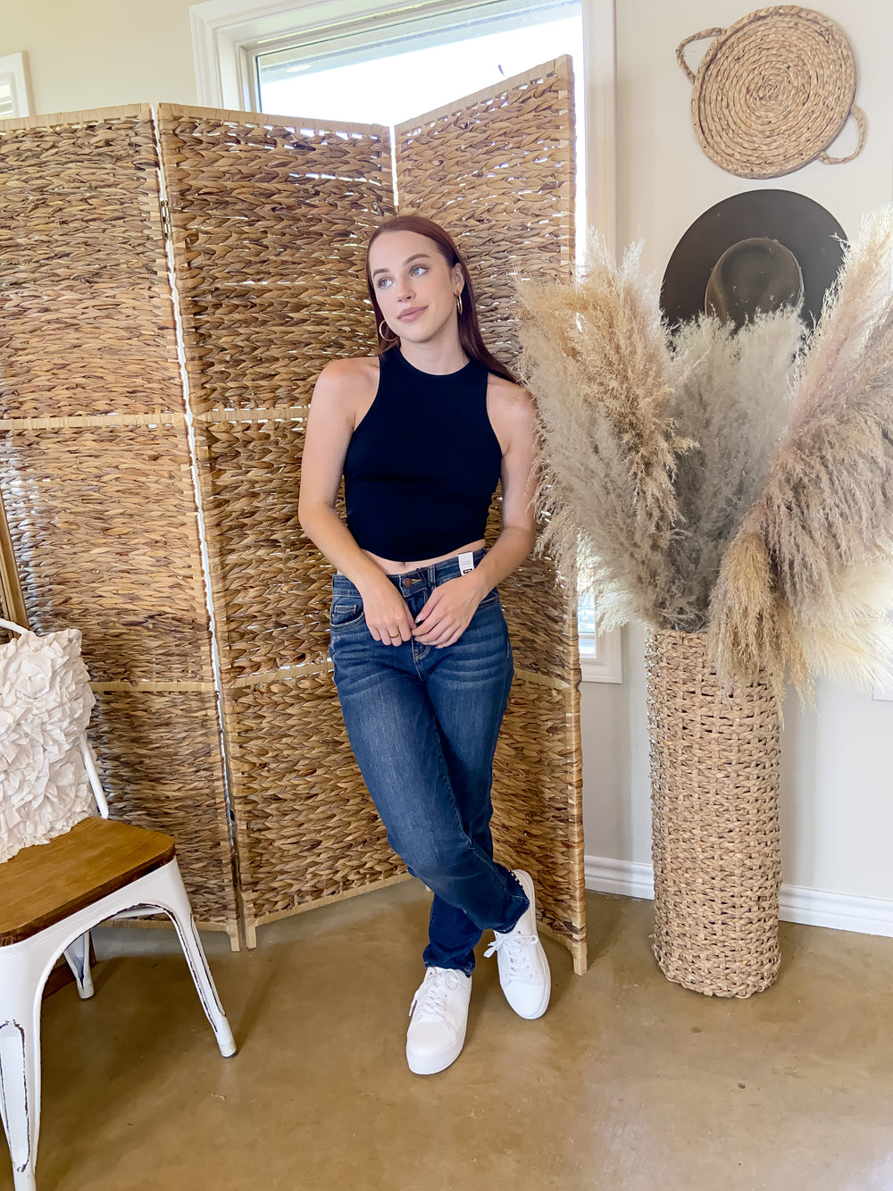 Staying In High Neck Ribbed Crop Tank Top with Scoop Hemline in Black - Giddy Up Glamour Boutique