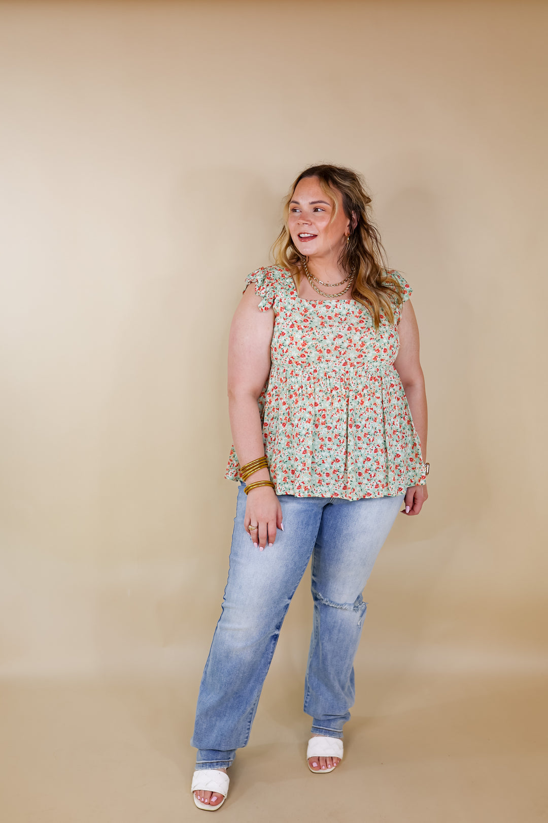 Magic Melody Floral Babydoll Tank Top in Light Sage Green - Giddy Up Glamour Boutique