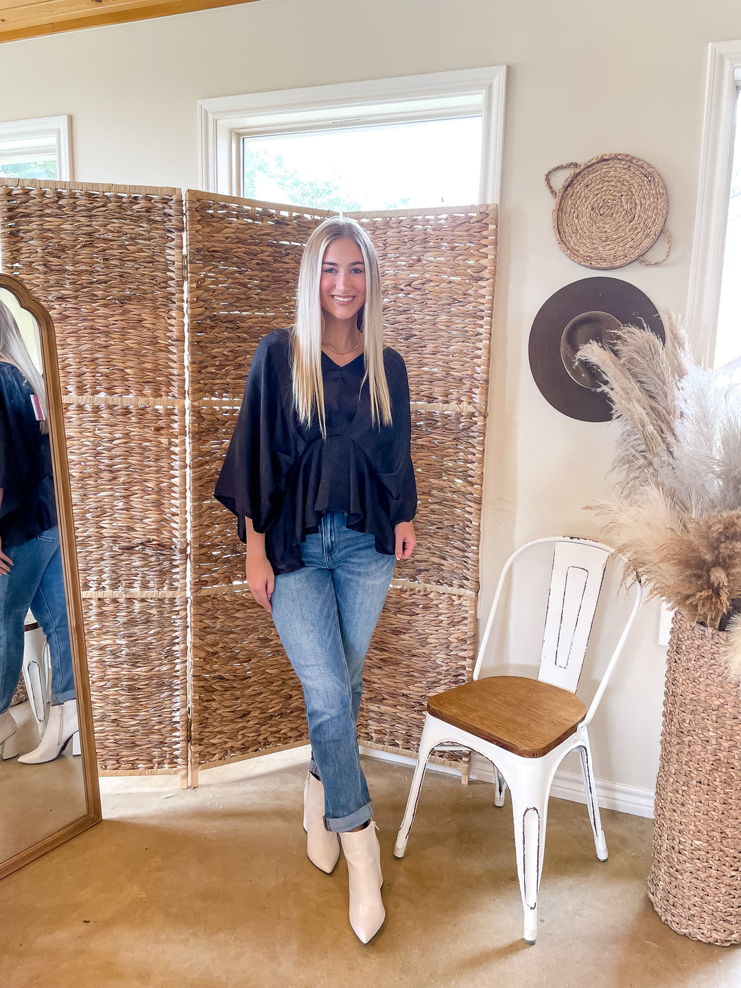 Hear the Music Drop Sleeve Satin V Neck Peplum Top in Black - Giddy Up Glamour Boutique