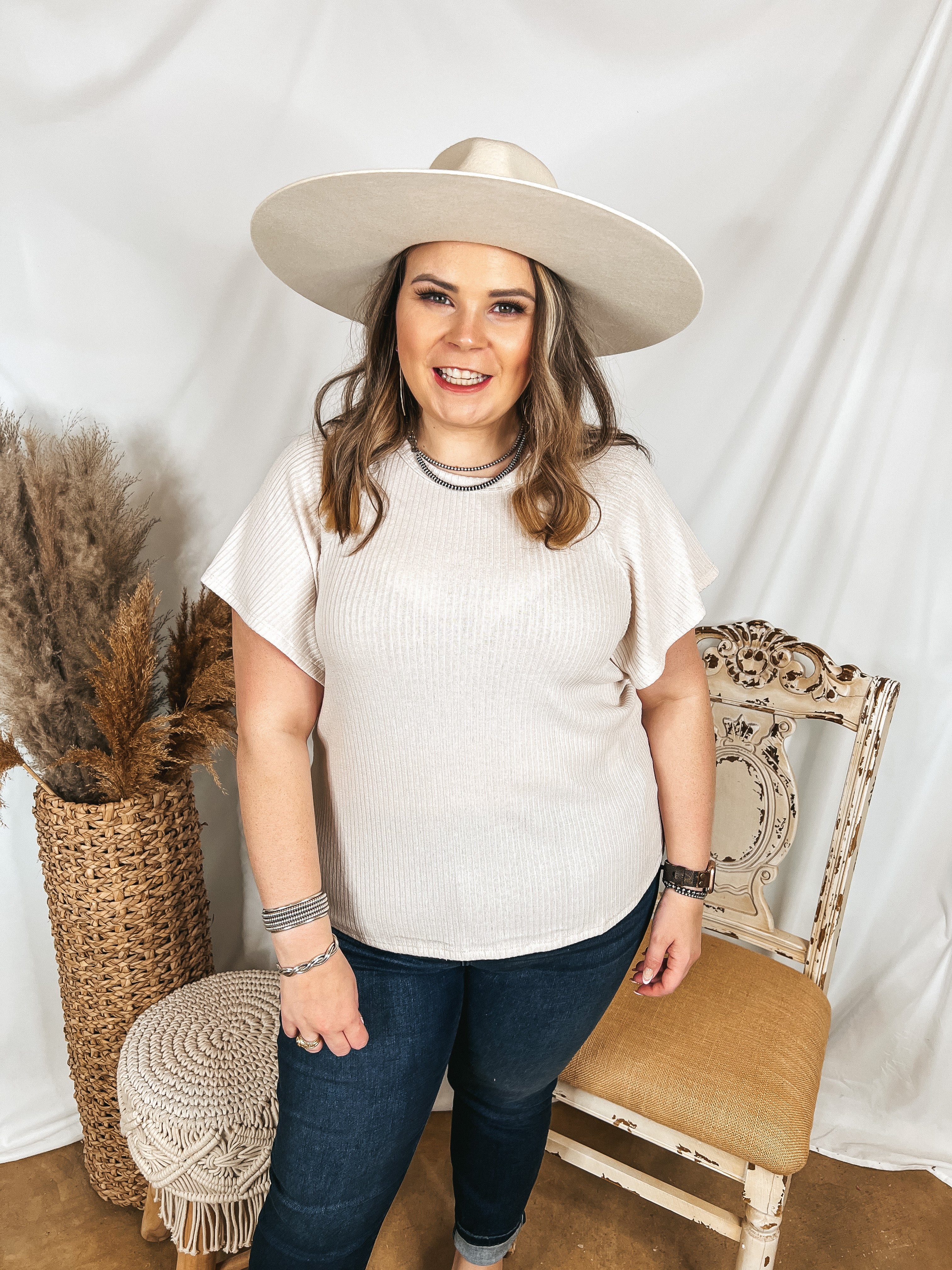 Clever and Kind Ribbed Short Sleeve Top in Cream - Giddy Up Glamour Boutique
