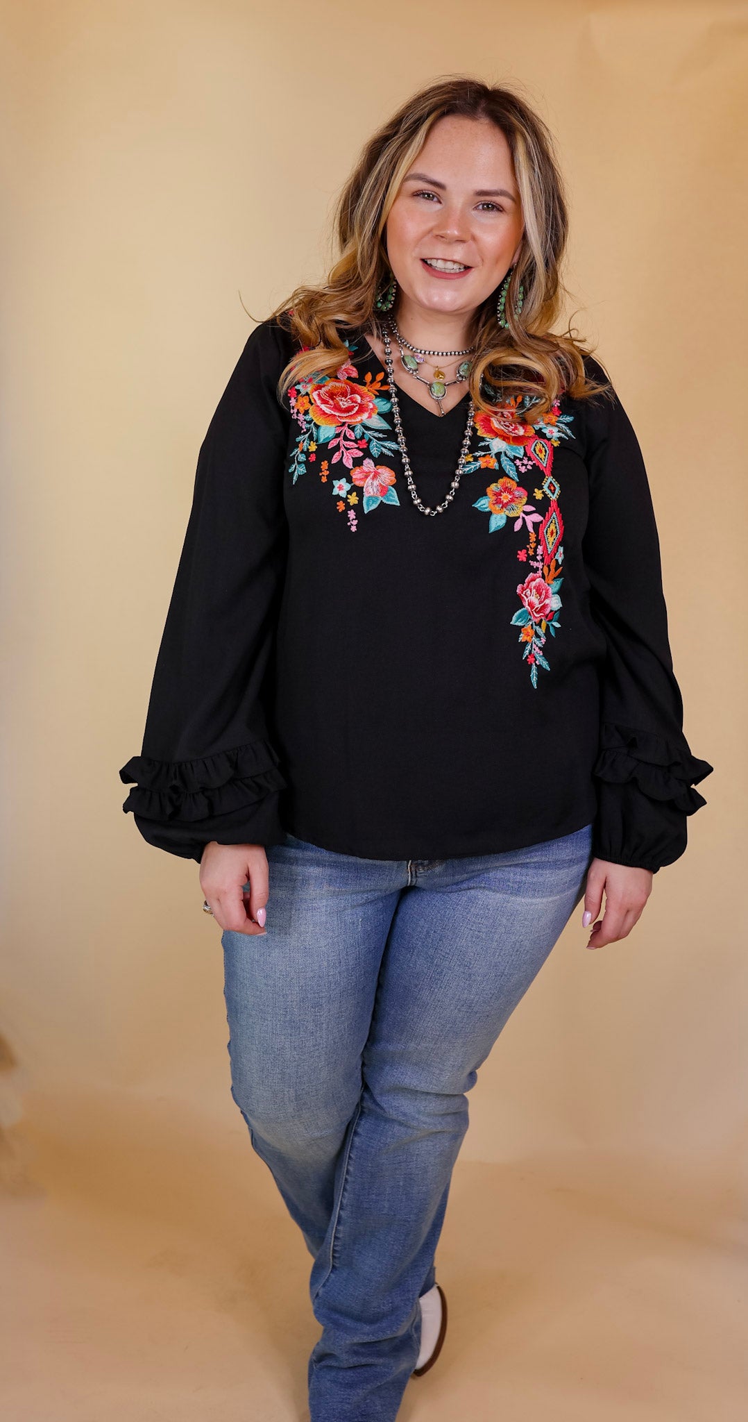Vineyard Villa Floral Embroidered Top with Long Ruffle Sleeves in Black - Giddy Up Glamour Boutique
