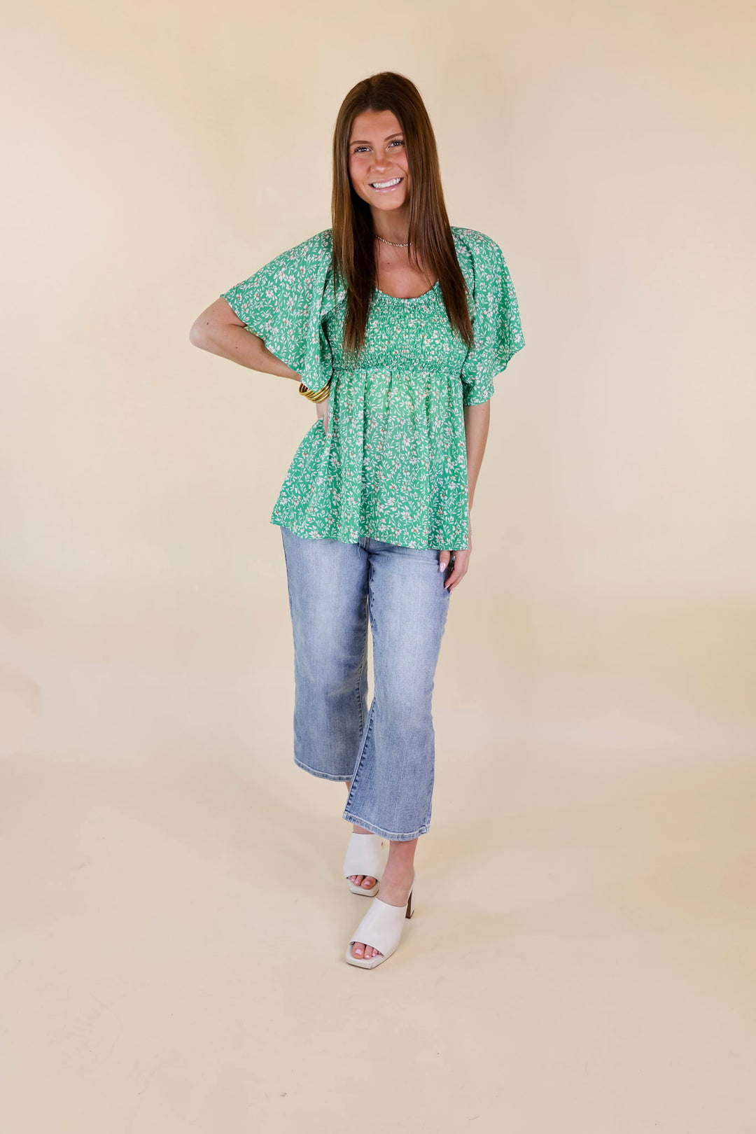 Little Coastal Town Floral Short Sleeve Top with Smocked Bodice in Green - Giddy Up Glamour Boutique
