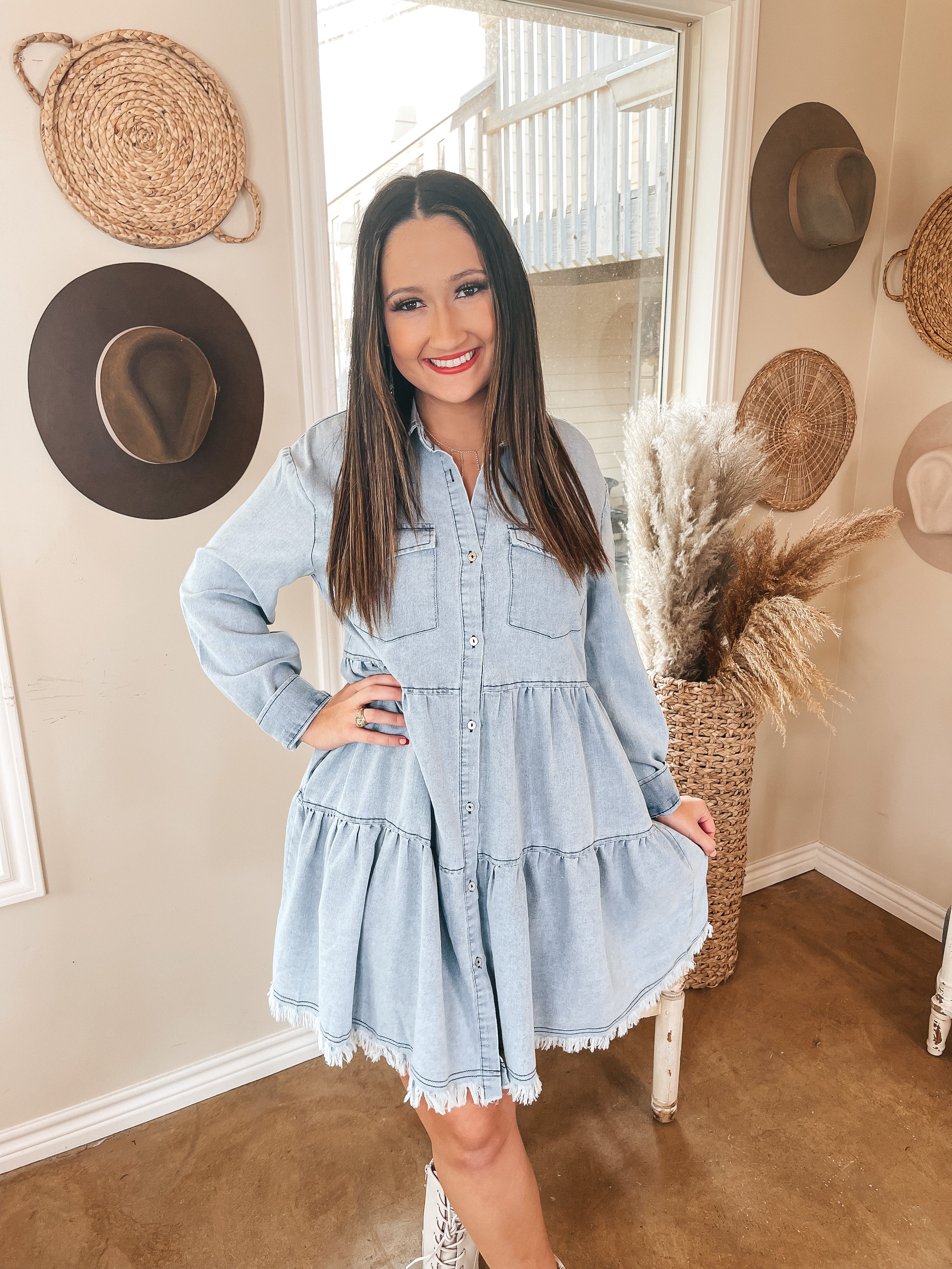 Worth the Wait Ruffle Tiered Button Up Dress with Long Sleeves in Light Wash - Giddy Up Glamour Boutique