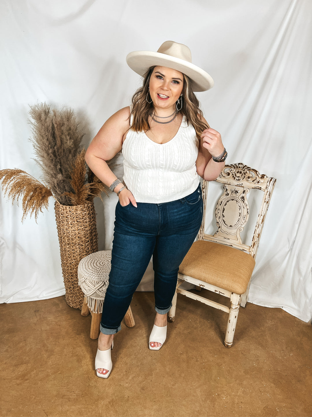 Forever Famous Cropped Sweater Tank Top in Ivory - Giddy Up Glamour Boutique