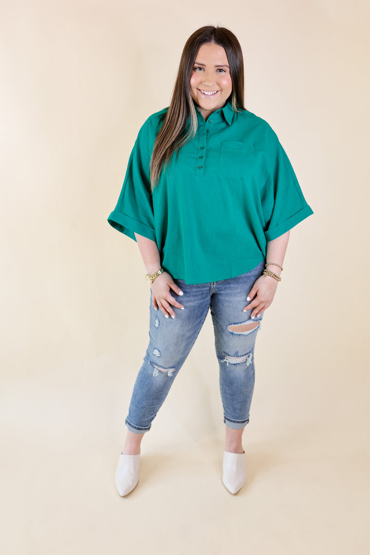 Sweet Surprise Half Button Up Poncho Top with Collared Neckline in Teal Green - Giddy Up Glamour Boutique
