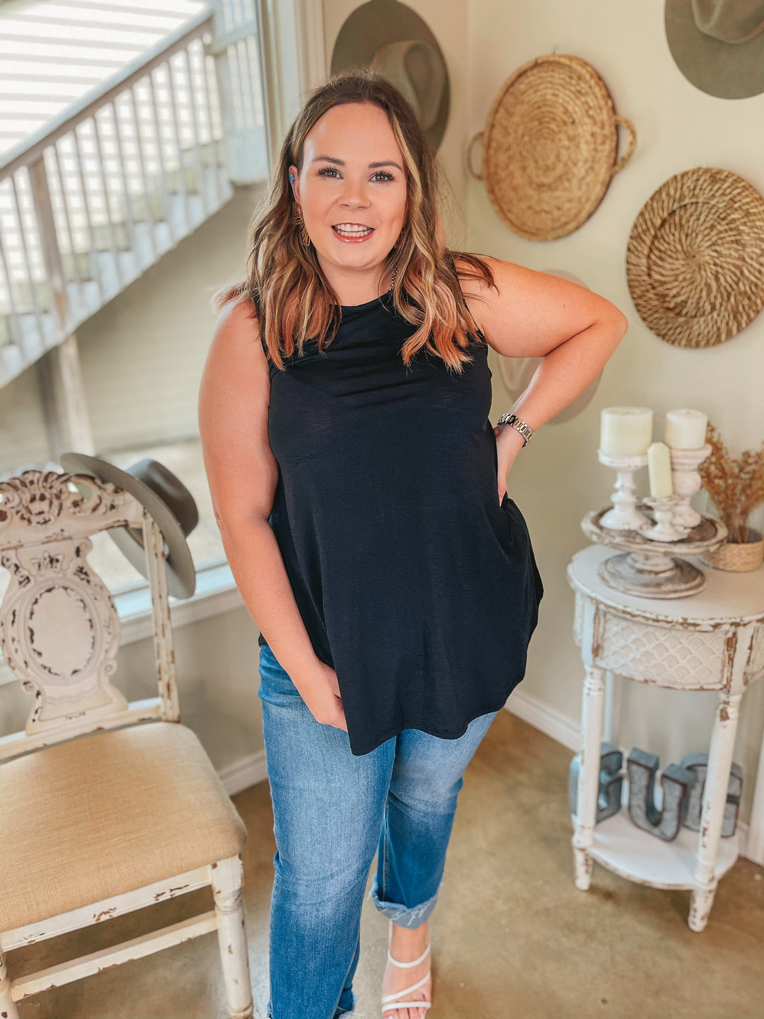 Give Me Joy Solid Bulgari A-Line Tank Top in Black - Giddy Up Glamour Boutique