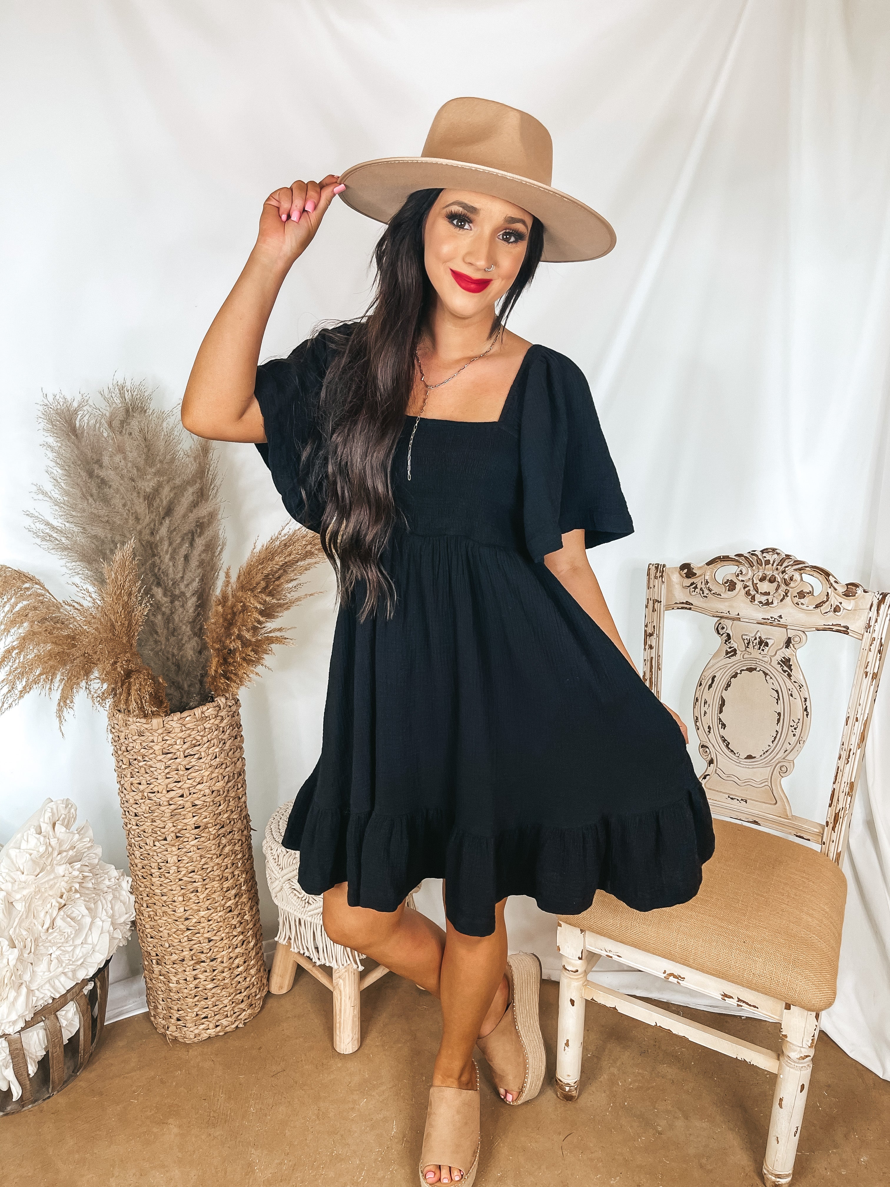 Sugary Sweet Smocked Bodice Dress with Ruffle Hem in Black - Giddy Up Glamour Boutique