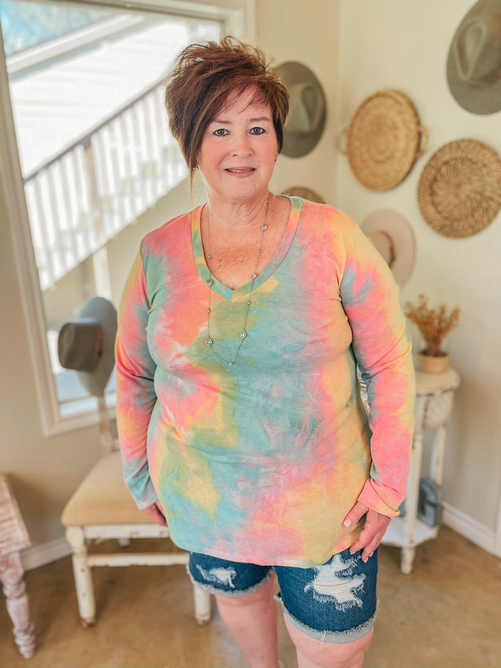 Last Chance Size S & M | Keep Things Simple Long Sleeve Tie Dye V Neck Pullover Top in Turquoise, Mustard, and Pink - Giddy Up Glamour Boutique
