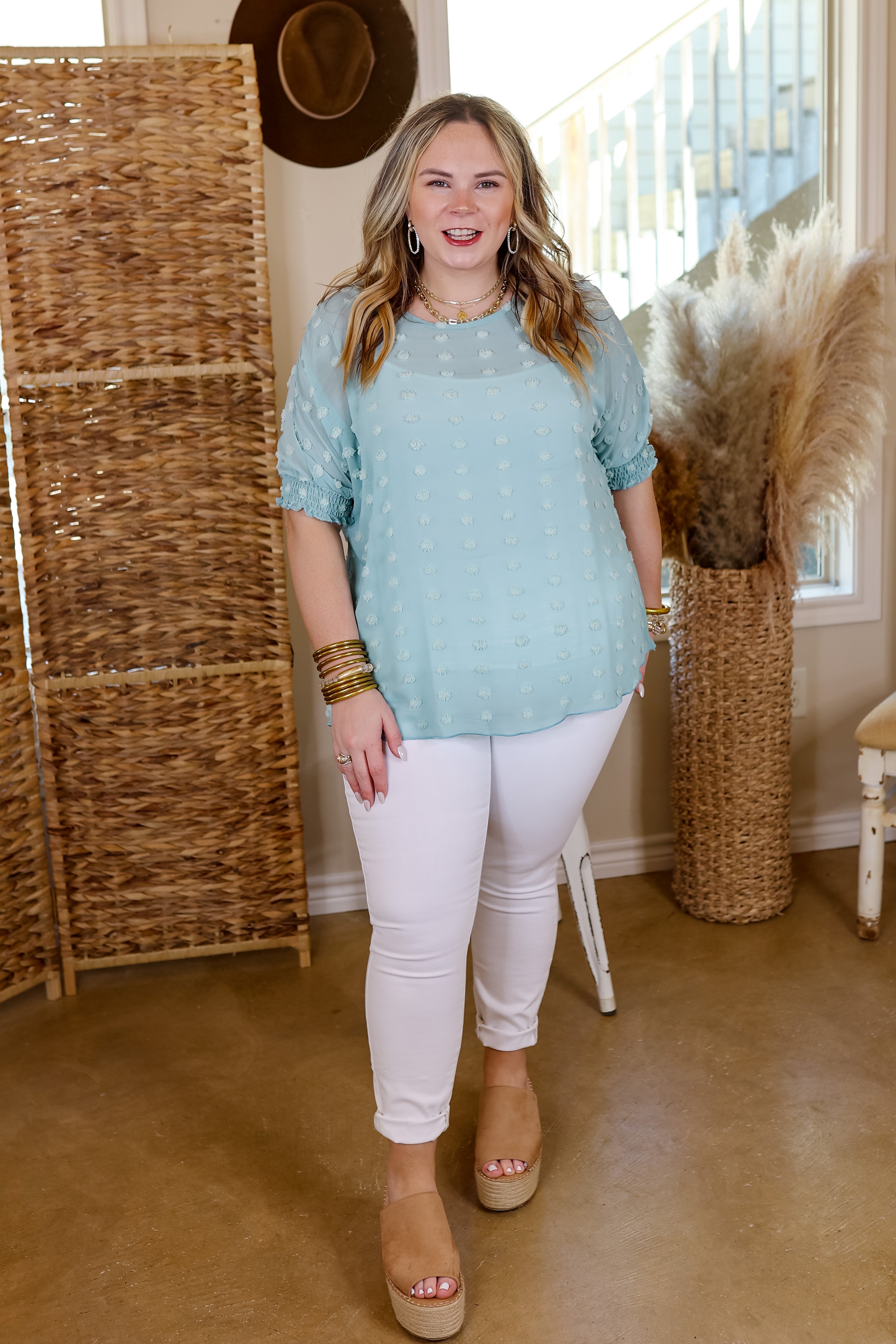 Changemaker Swiss Dot Top with Half Sleeves in Baby Blue - Giddy Up Glamour Boutique