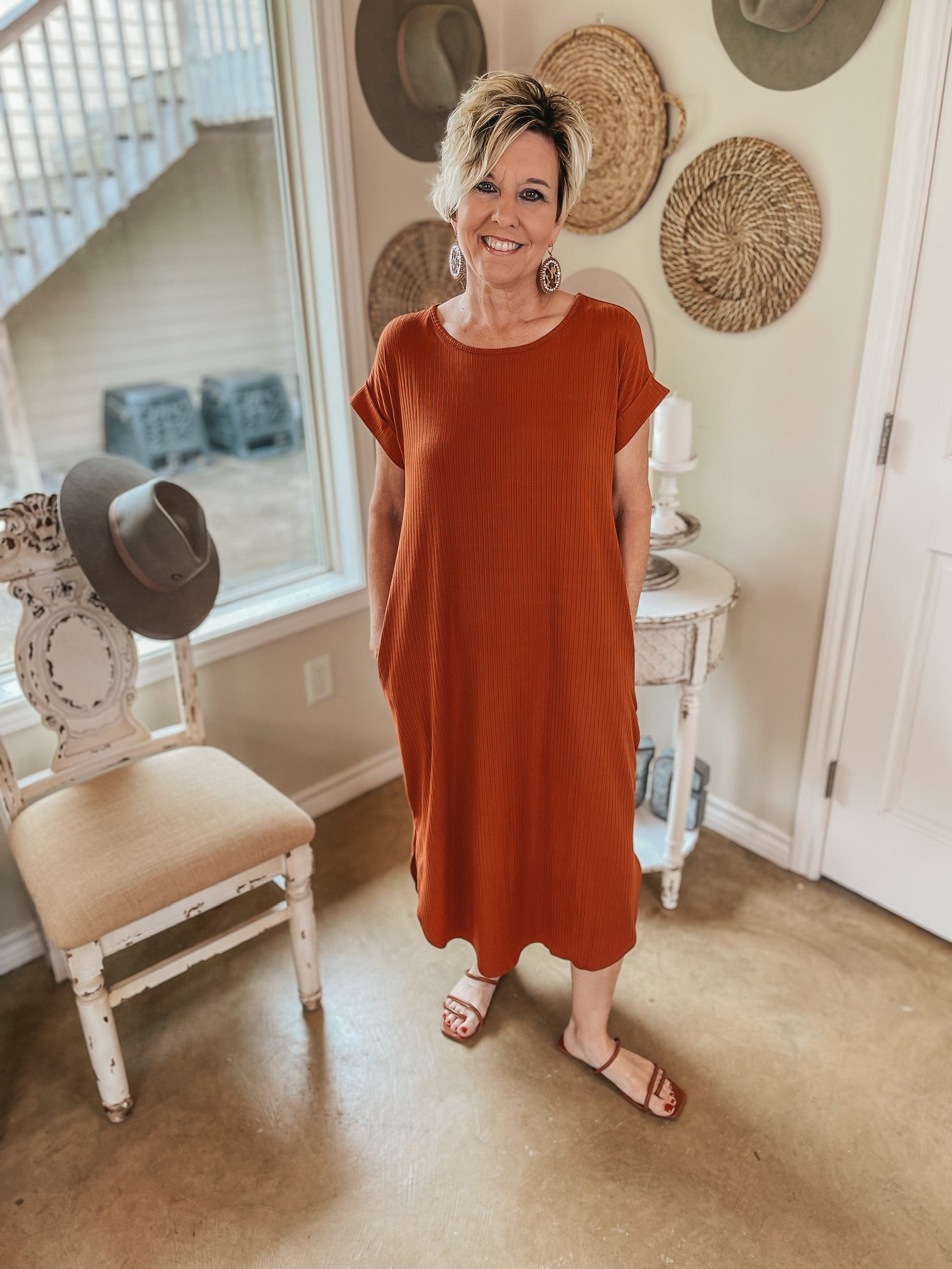 Chill Looks Short Sleeve Ribbed Midi Dress in Rust Red - Giddy Up Glamour Boutique