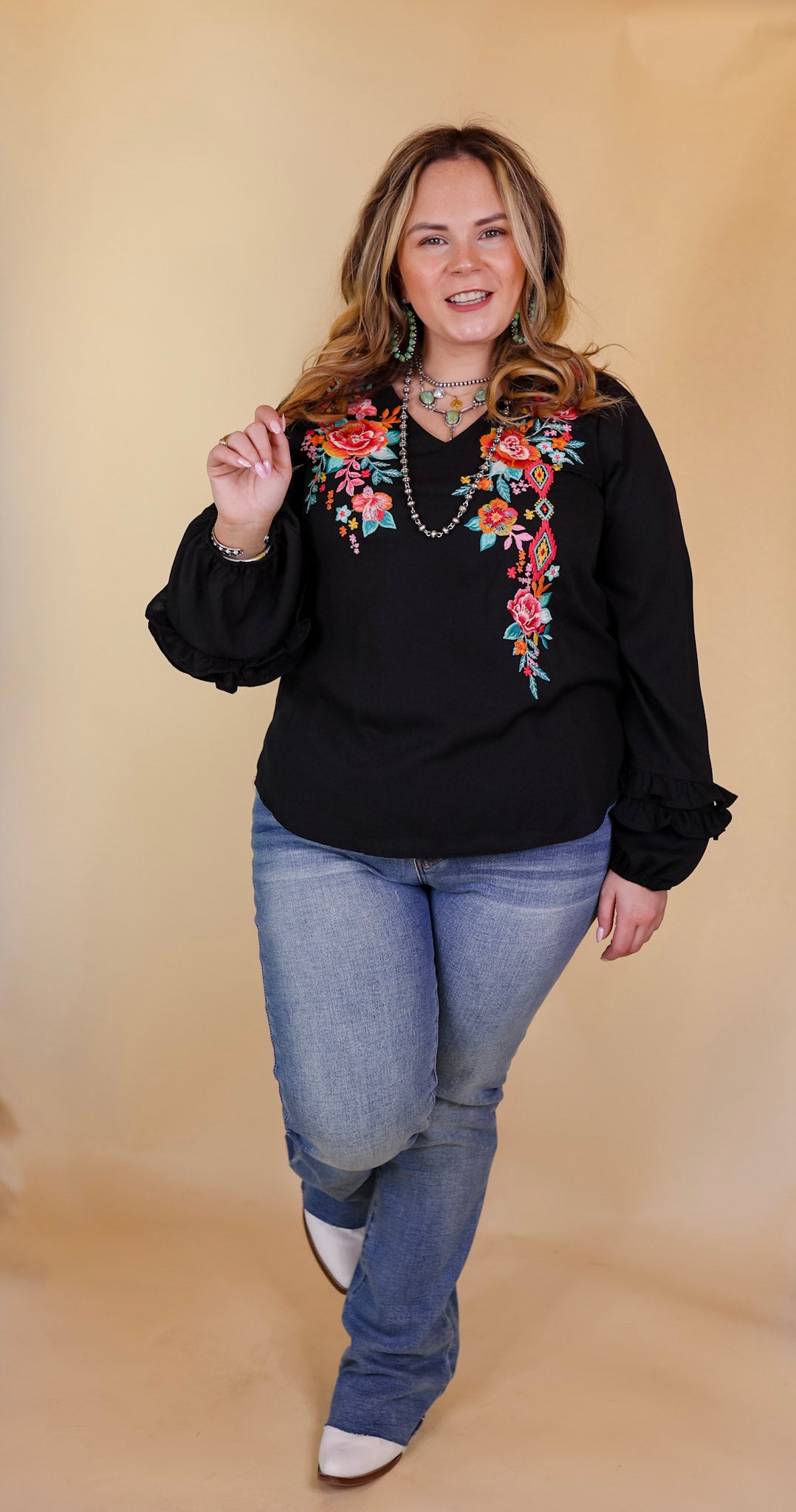 Vineyard Villa Floral Embroidered Top with Long Ruffle Sleeves in Black - Giddy Up Glamour Boutique