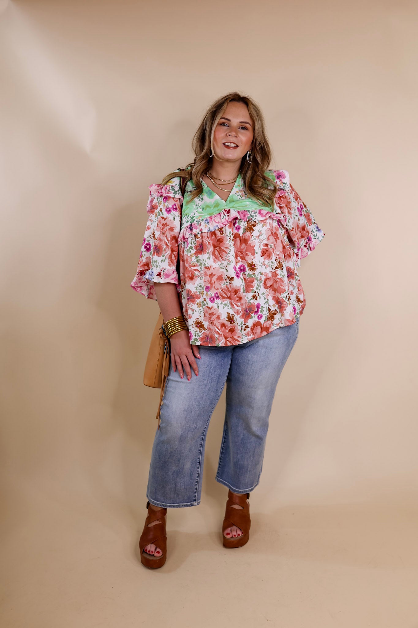 Last Chance Size Small & Med. | Make My Own Luck Floral Color Block Top in Green and Pink - Giddy Up Glamour Boutique
