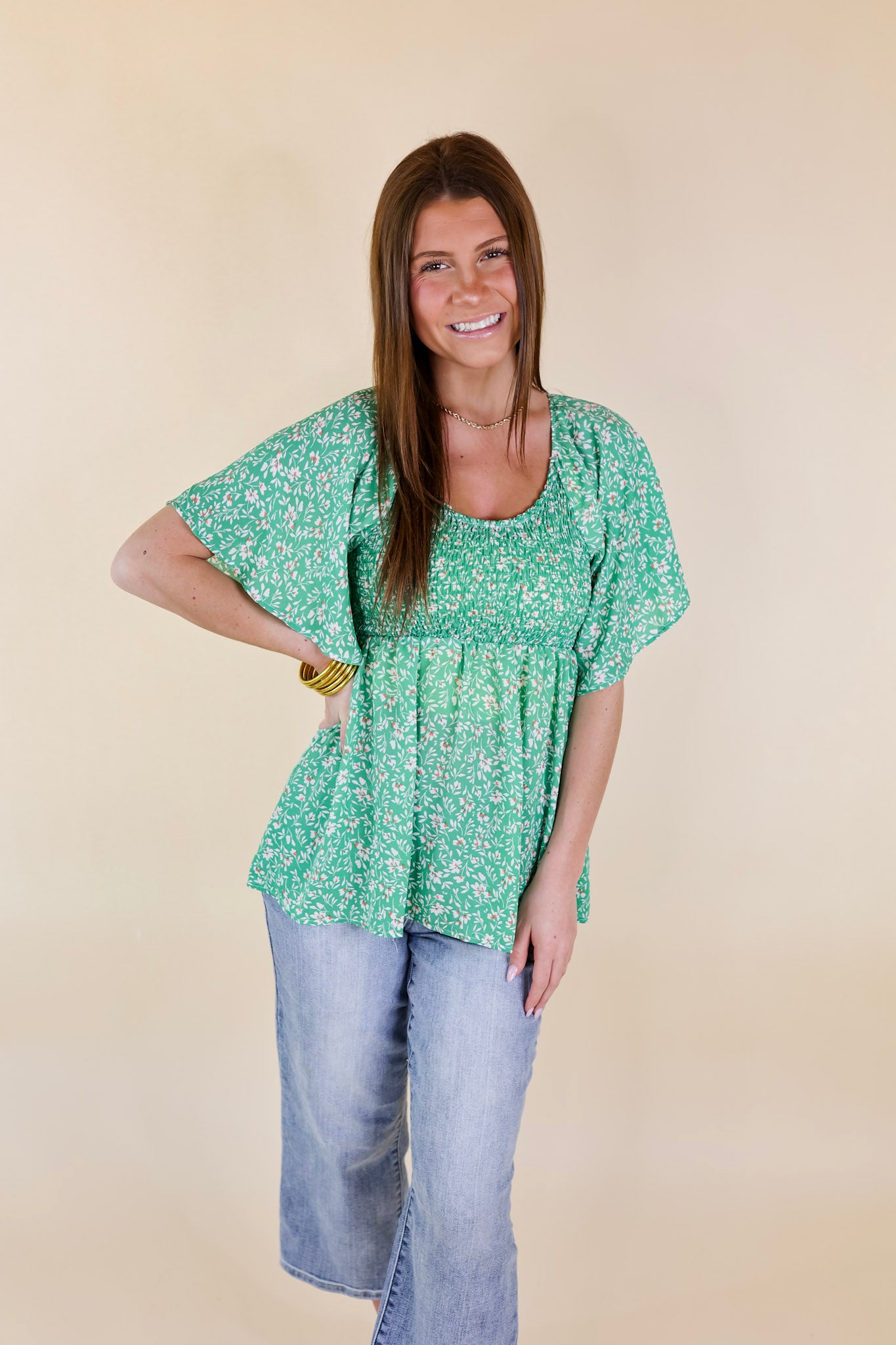 Little Coastal Town Floral Short Sleeve Top with Smocked Bodice in Green - Giddy Up Glamour Boutique